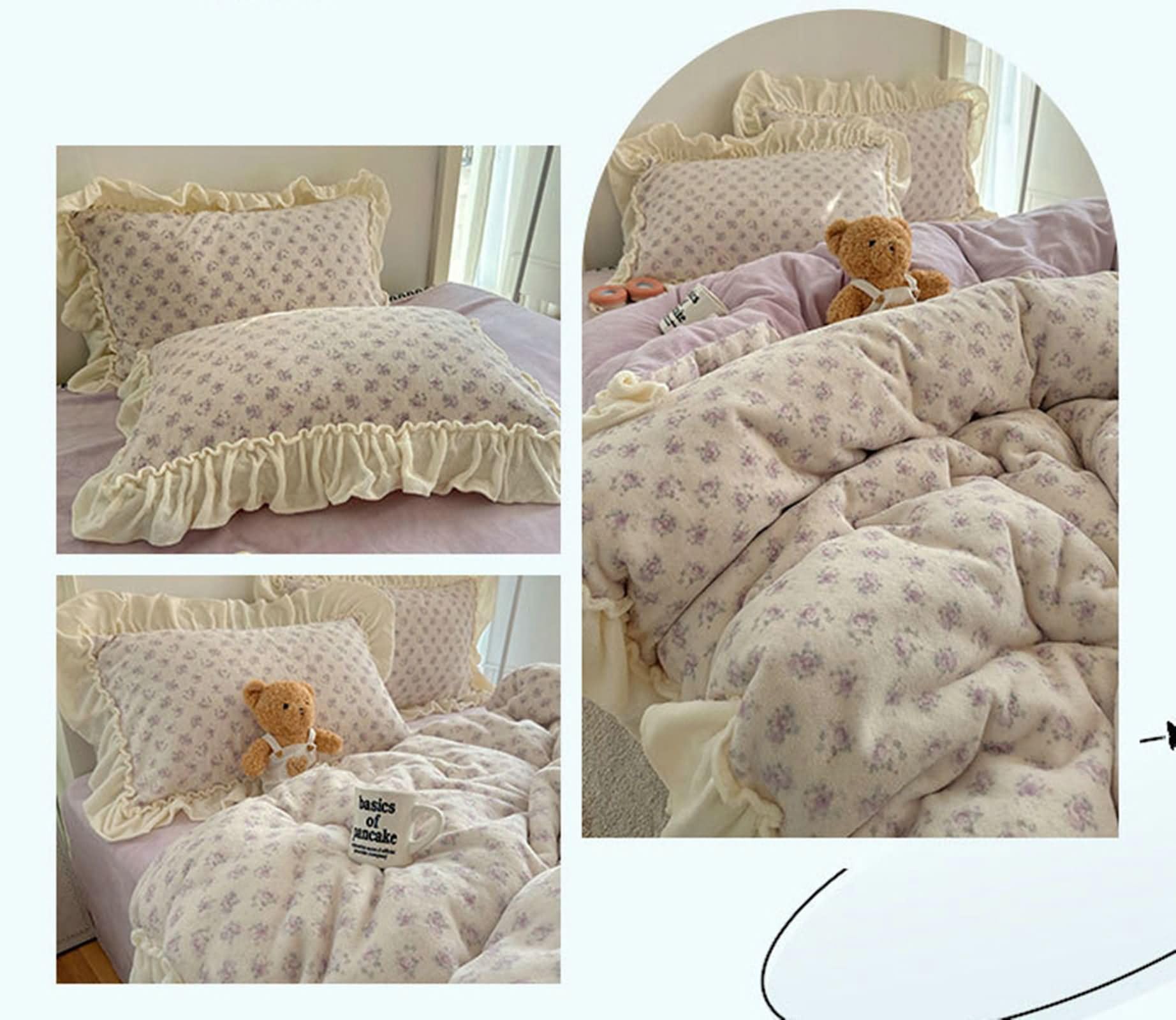 4-częściowy zestaw pościeli, poszwa na kołdrę 200 x 230 cm, prześcieradło z gumką 150 x 200 cm i 2 poszewki na poduszkę, wzór kwiatowy z falbankami, miękki aksamit, różowo-fioletowy