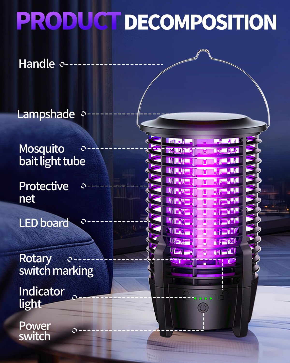Trappola elettrica ricaricabile per insetti, 4000 V, batteria da 3800 mAh, IPX5, trappola per insetti per interni ed esterni, ideale per casa, patio, giardino e campeggio