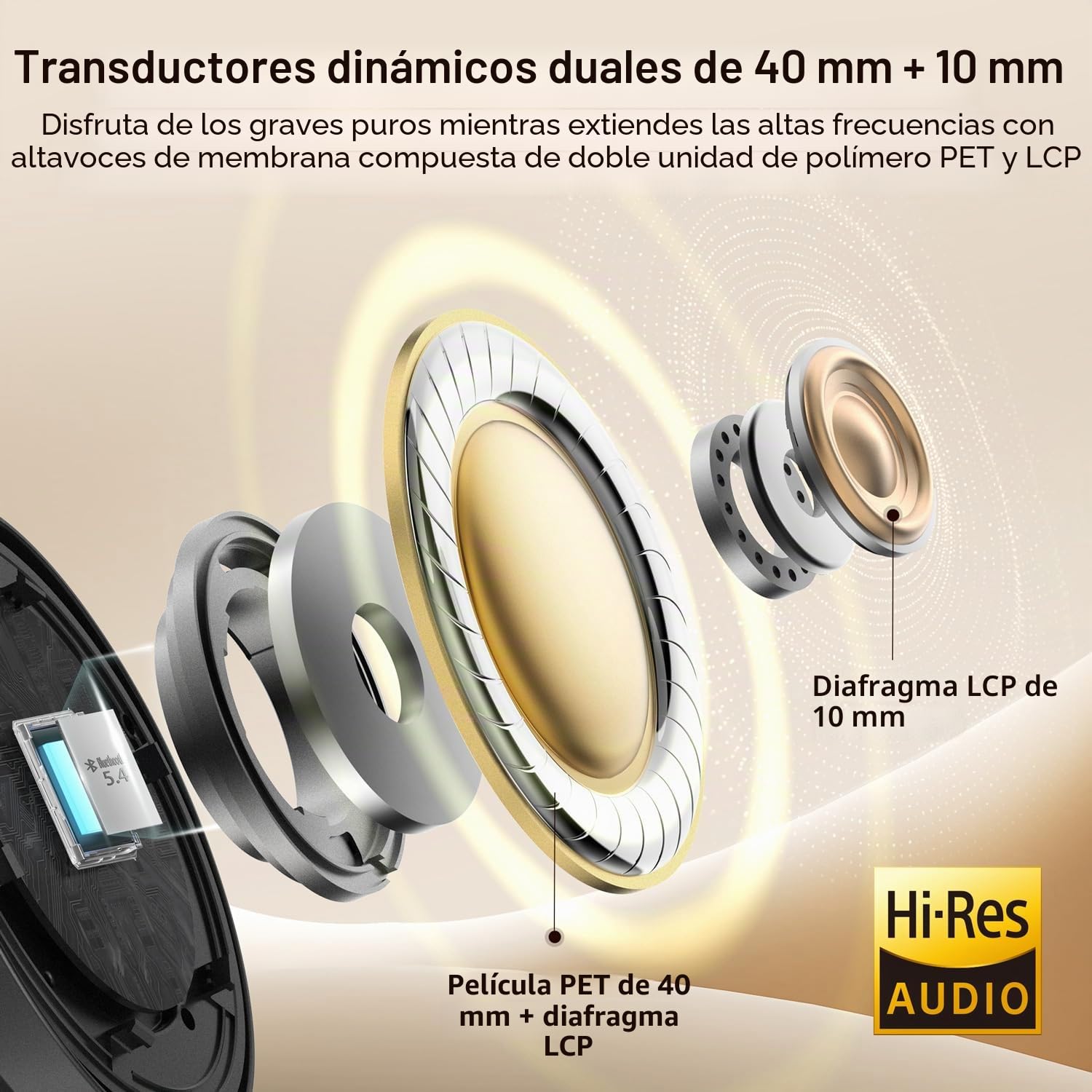 EarFun Tune Pro Cascos Bluetooth con ANC Híbrida, LDAC, 120H | Doble Altavoz, Llamadas Nítidas con 5 Mics, Graves Profundos, Ajuste Cómodo, Conexión Multipunto, EQ Personalizado vía App