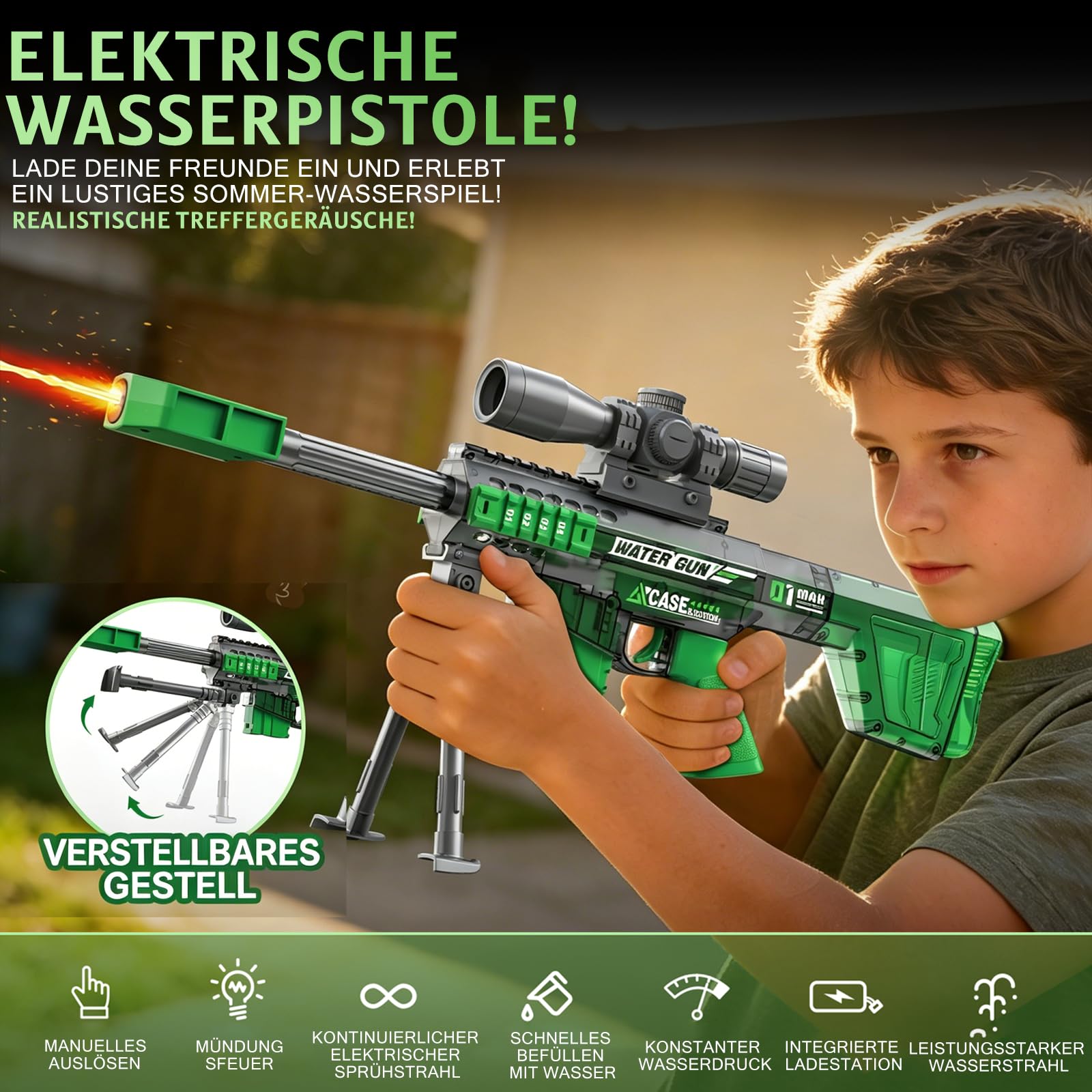 Maxee Pistola ad acqua elettrica, pistola a spruzzo automatica con un pulsante, per bambini, adulti, piscina, feste, spiaggia all'aperto, colore nero