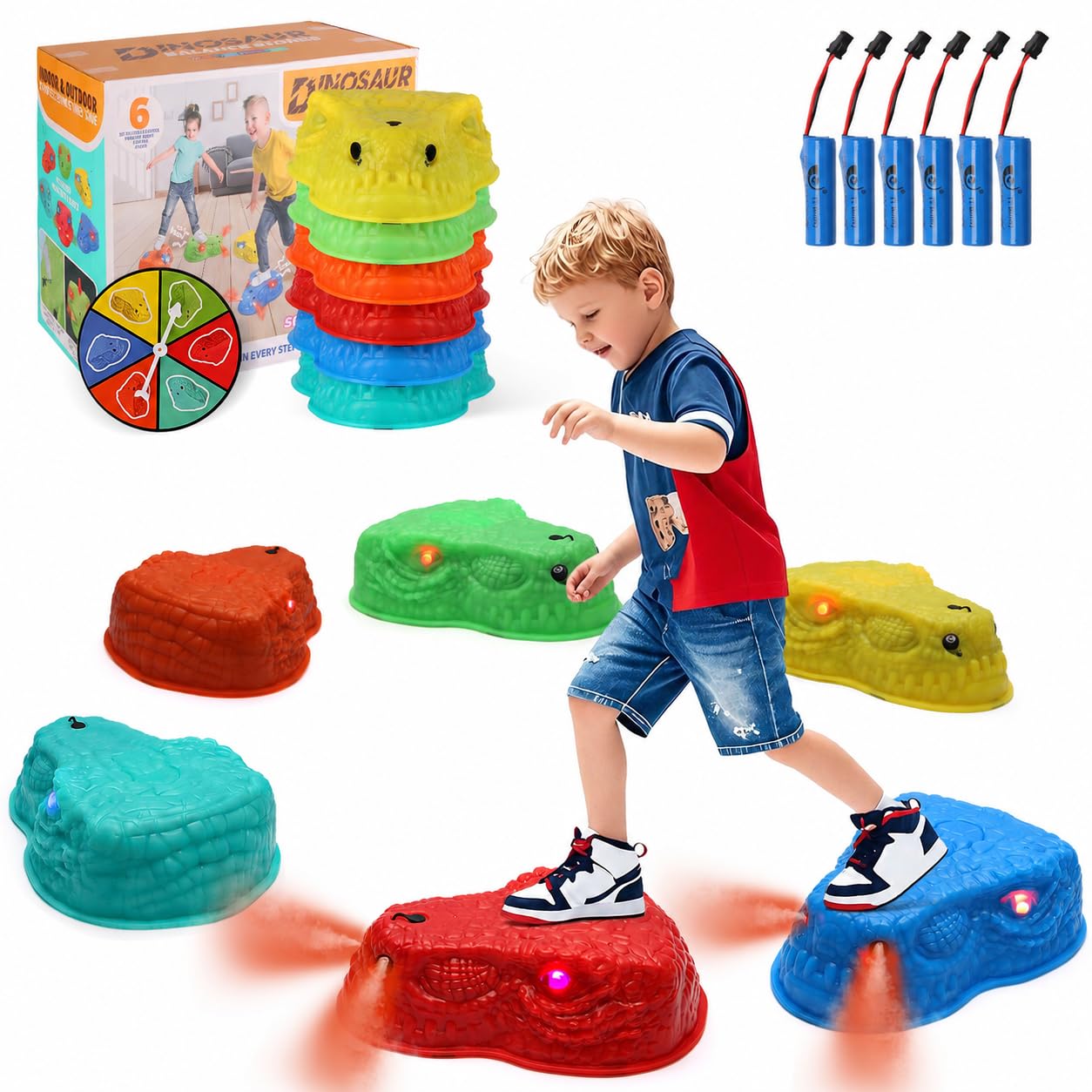 FIIOEOY 6 Pcs Dinosaur Stepping Stones for Kids, Light up Mist Spray & Roaring Non-Slip Balance Stepping Stones with 6 Rechargeable Batteries, Indoor & Outdoor Toys for Toddlers Ages 3-5