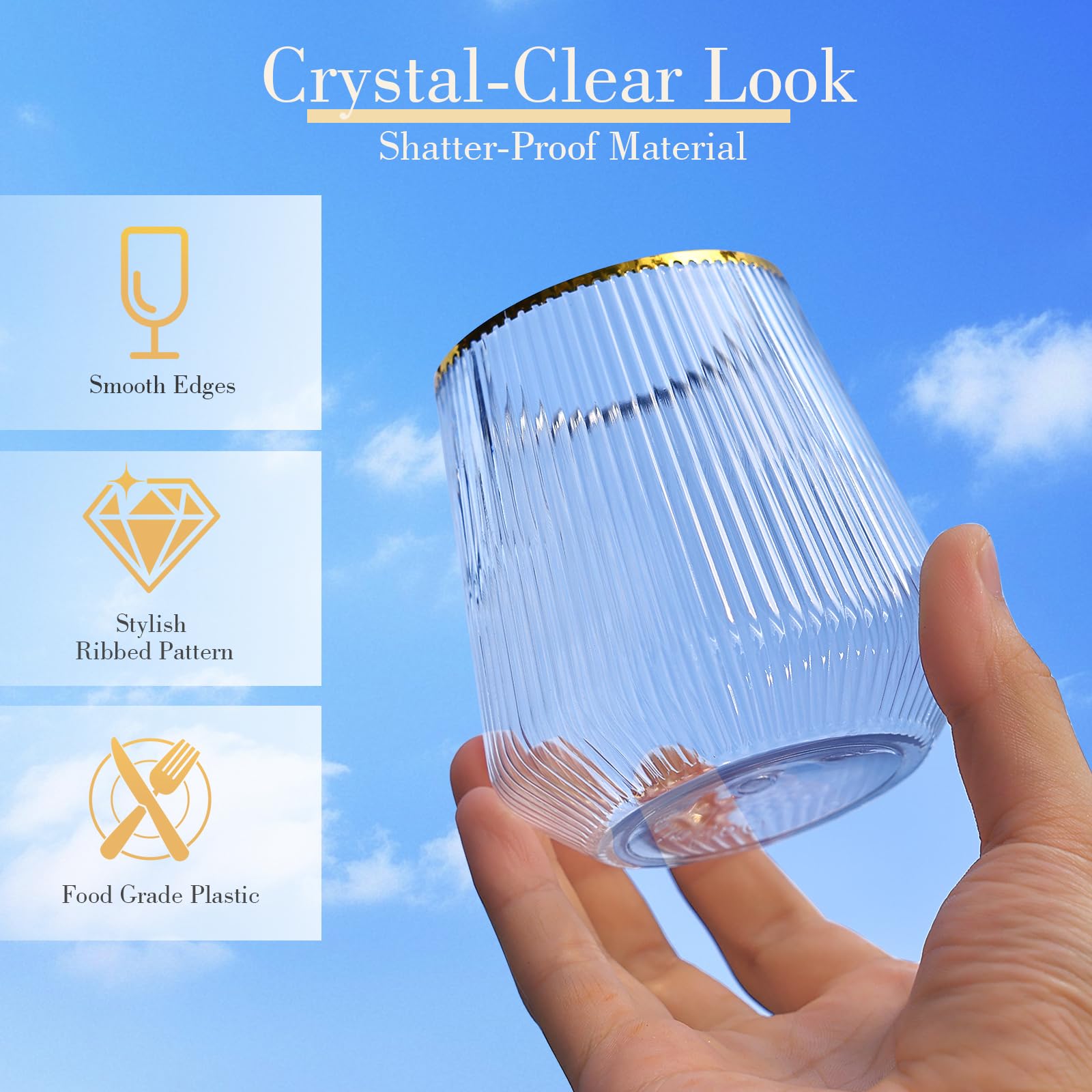 48 Pack Ribbed Plastic Wine Glasses – 24 x 9oz Stemless Champagne Flutes & 24 x 12oz Disposable Wine Glasses – Elegant Disposable Plastic Cups with Gold Rim – BPA-Free Drinkware for Weddings, Parties — Amazon image 2