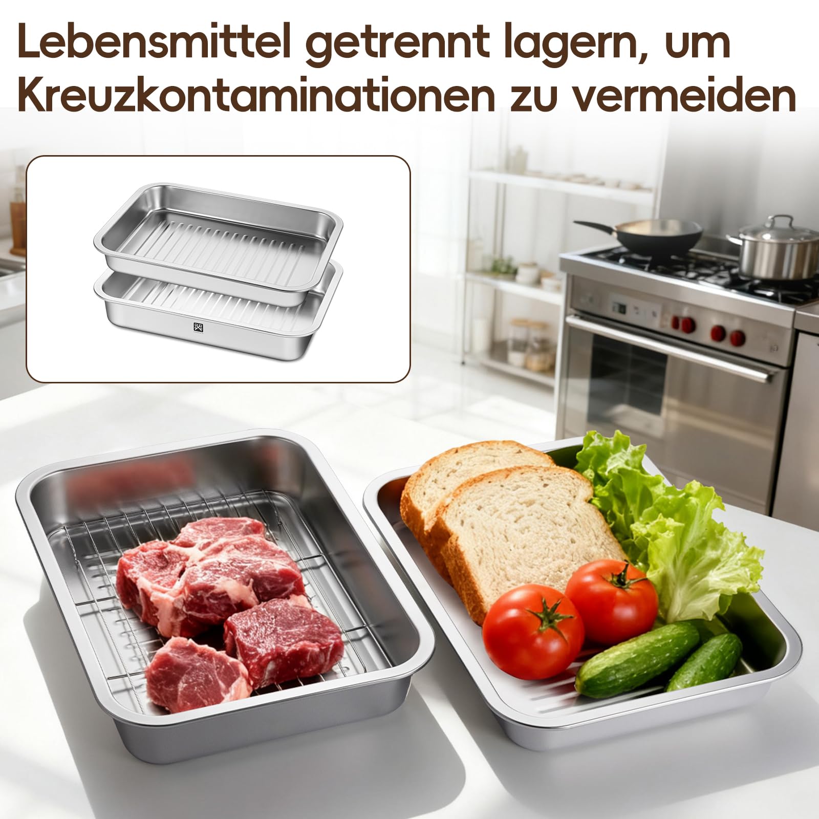 Edelstahl Grill Servierplatte mit Deckel 5-teiliges Set Vorbereitungsschale Marinierplatte Schneidebrett Abtropfgestell BBQ Camping