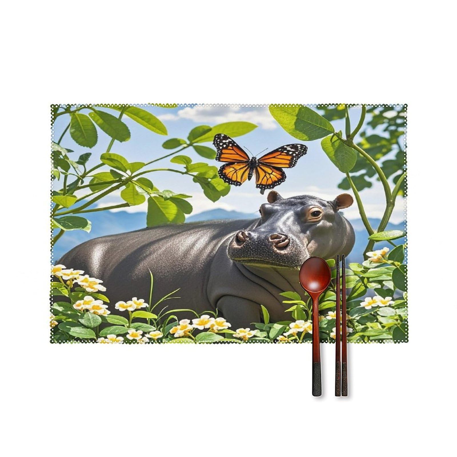 Butterfly and Hippo Placemats Set of 6 Heat Resistant Non-Slip Place Mats Washable Wipeable Table Mats Elegant Farmhouse Placemat for Kitchen Dining Outdoor Party Table Decor