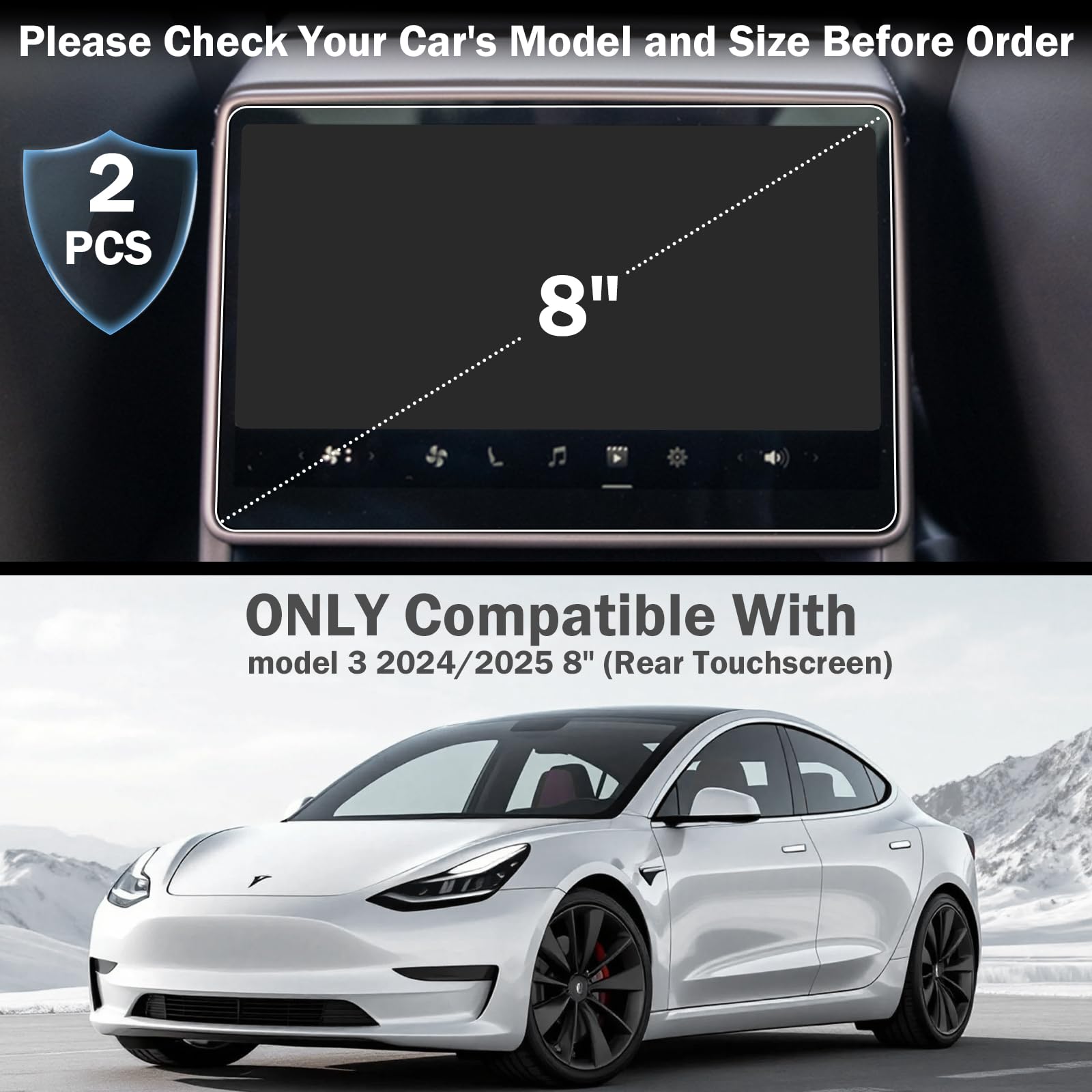 Joogee 2 Pack 8 Inch Rear Touchscreen Protector, Tempered Glass Screen Protector Compatible with Tesla Model 3 2024/2025, 9H Hardness, Anti-Glare, Anti-Fingerprint
