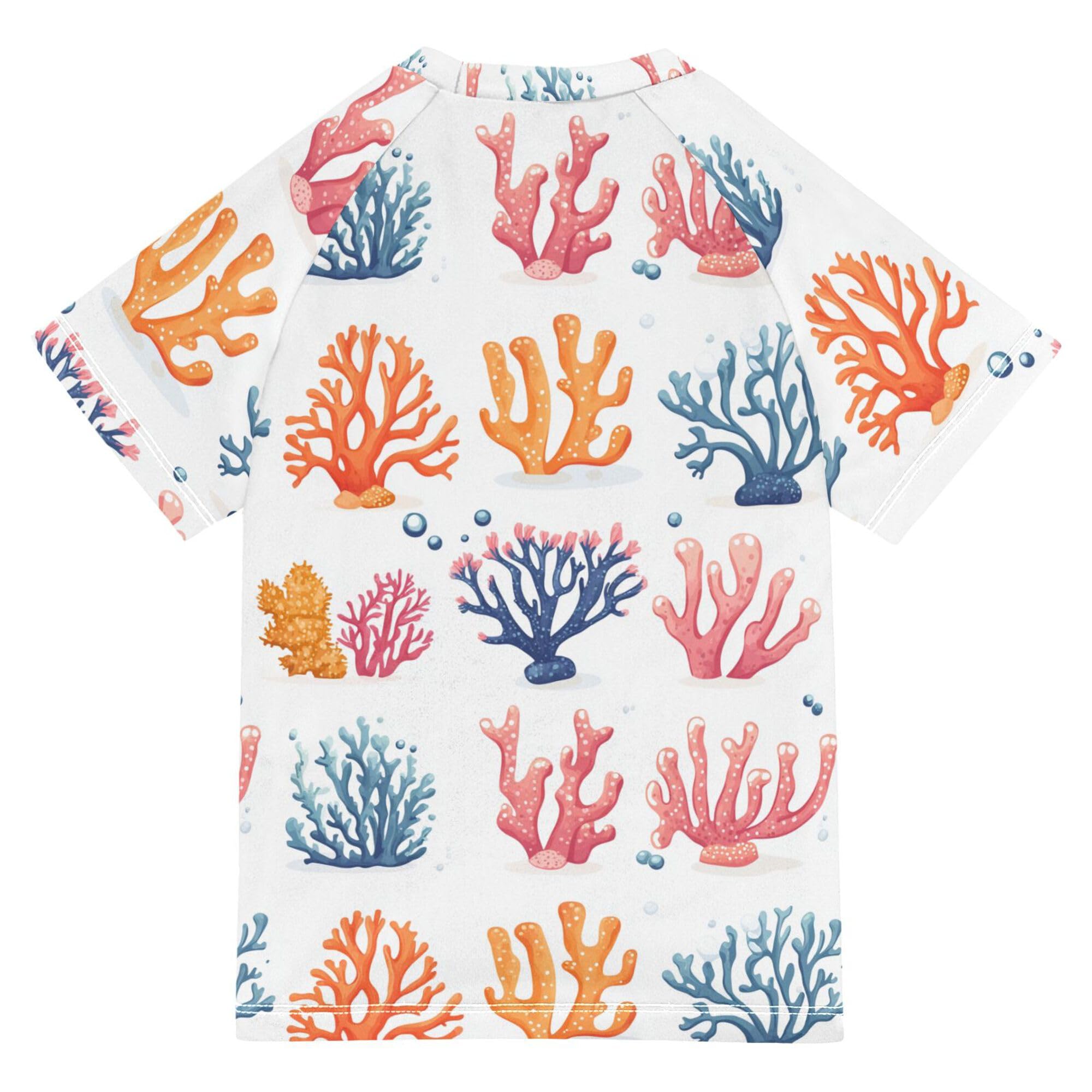 Cute Coral White Bathing Suit Kids Short Sleeves Girls Swimsuit with Rashguard Swimwears Athletic Tops for Kids Boys 4T