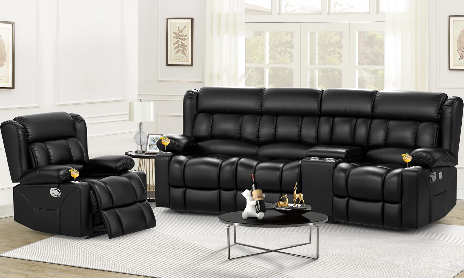 Recliner Sofa Set with Storage Console, Flip Middle Backrest Design PU Leather 3 Seater Reclining Sofa and Single Recliner Chair, Manual Couches for Living Room (Black, 3 Seat+Console+1)
