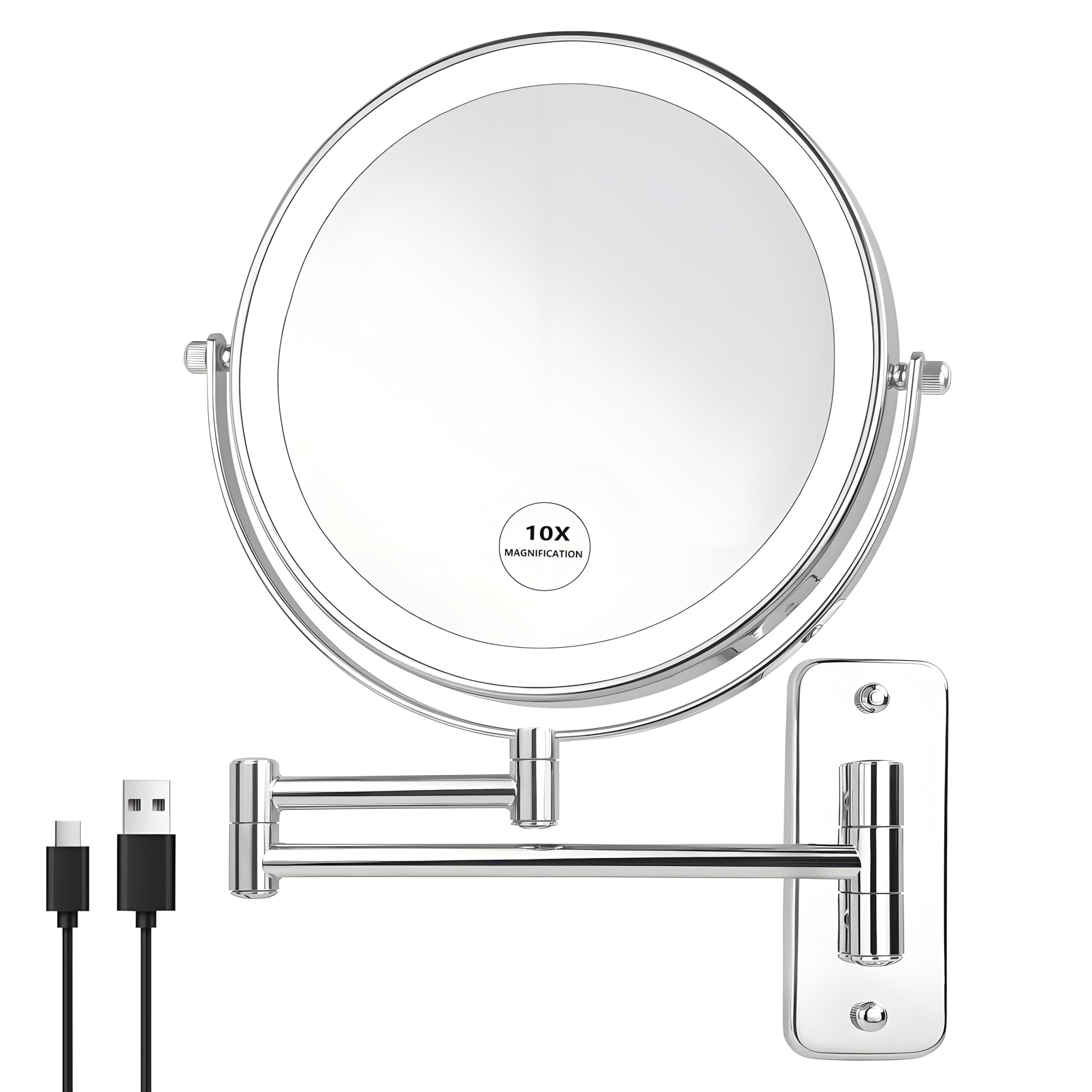 JANEEVA 8" Wall Mounted Lighted Makeup Mirror,Rechargeable Double Sided 1X/10X Magnifying Mirror with 3 Color Lights,Touch Dimmable Bathroom Vanity Mirror with 360°Swivel Extendable Arm Chrome