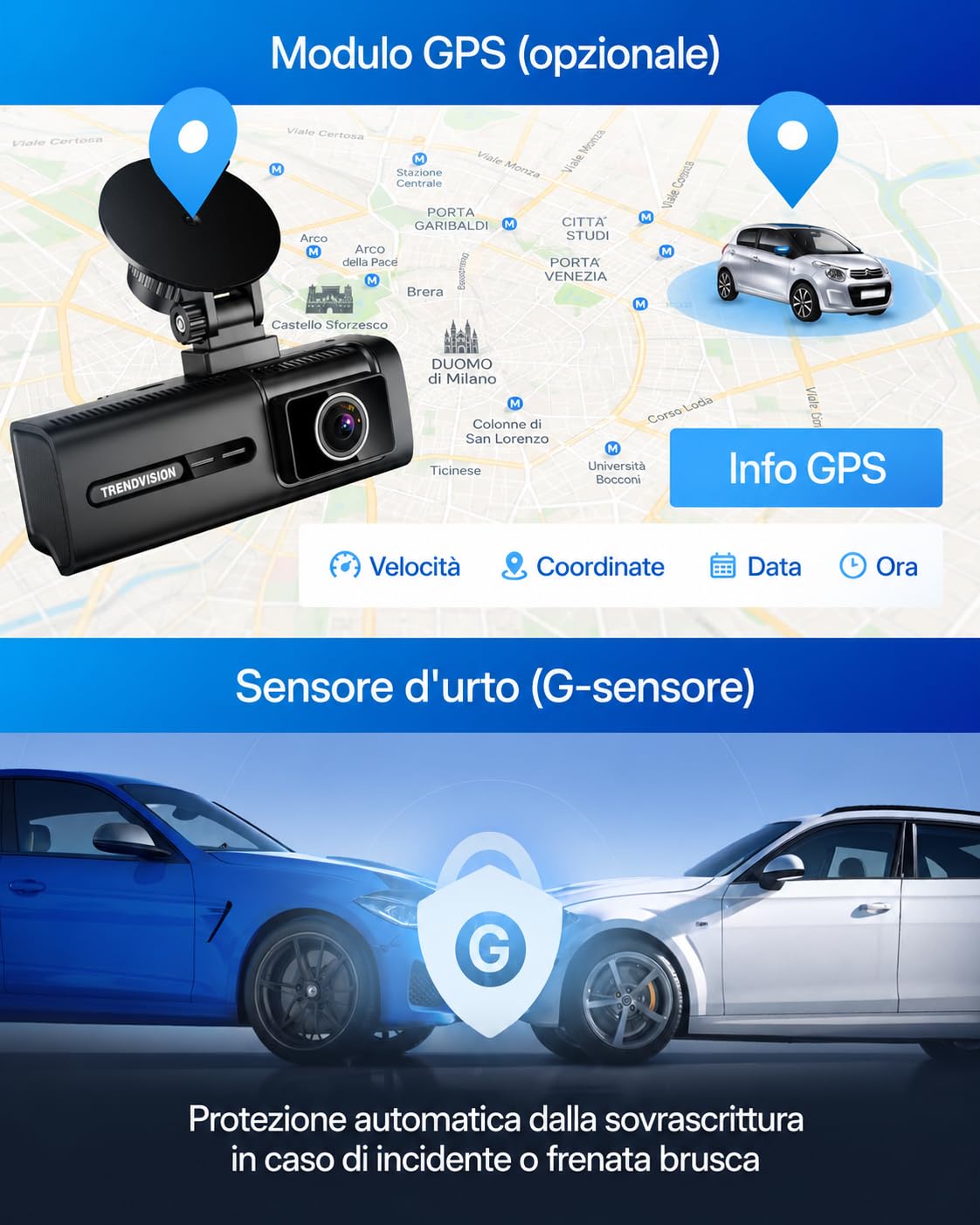 Phantom 3CH GPS Cámara para Coche Delantera, Interior y Trasera, Cámara Triple con GPS, Control por App WiFi, Visión Nocturna WDR, Gran Angular de 170°, Pantalla IPS de 3"