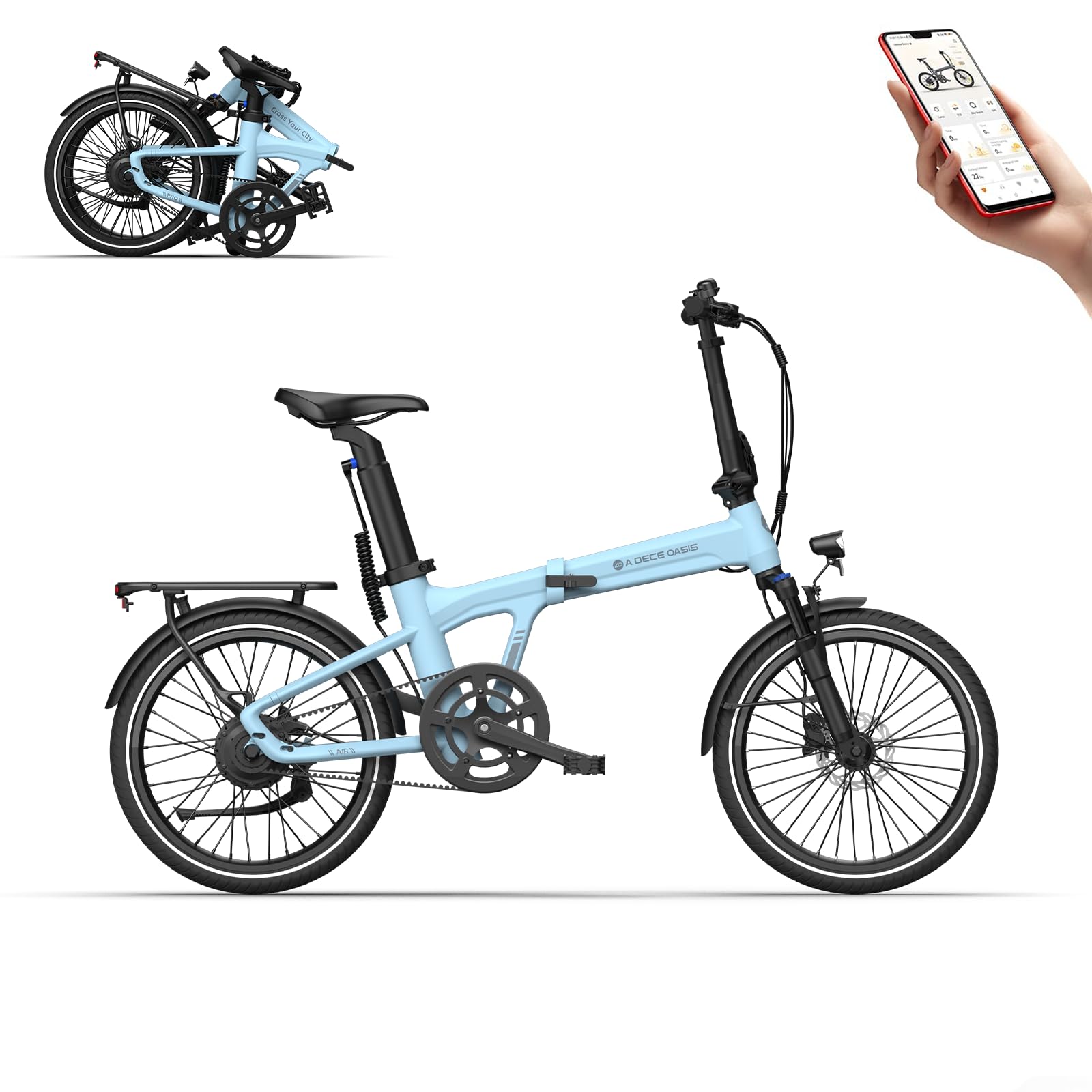 Vélo électrique Pliant ADO, 20 Pouces, Léger 17.5 kg, avec Batterie 9,6 Ah/36 V, avec Entraînement par Courroie, Capteur de Couple, Applications Intelligentes, Portée de 70 à 100 km (Bleu)