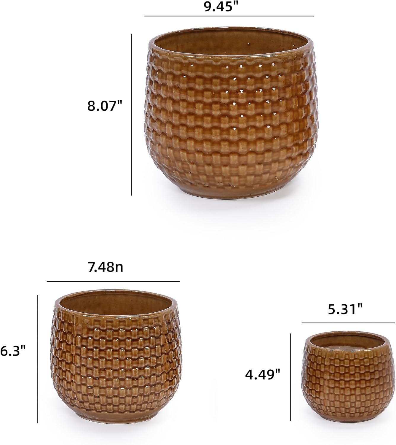 Ceramic Plant Pots with Drainage Hole, Set of 3, 5/8/10 Inch Flower Pot for Indoor Outdoor Plants, Outdoor Indoor, Round Succulent Orchid Flower Pot for Monstera, Handmade Glaze Terracotta Brown