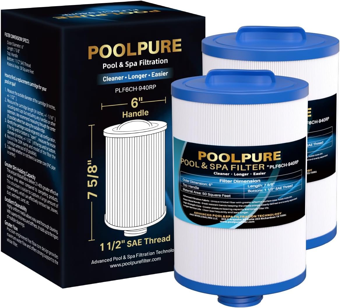 POOLPURE 6CH-940RP Removable Handle Spa Filter Replaces PWW50P3(1 1/2" Coarse Thread), 6CH-940, 817-0050, Filbur FC-0359, 25252, with Built-in Chlorine Dispenser, Screw in SAE Thread Filter 2Pack