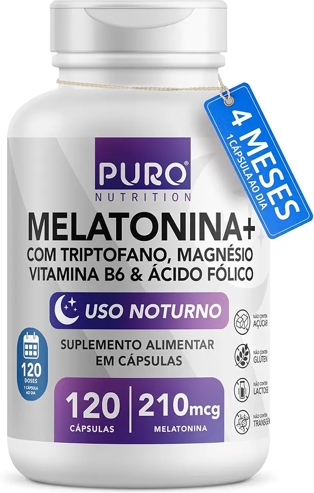 Melatonina + (Alta Concentração) 210 mcg Puro Nutrition – Com Triptofano, Magnésio, Ácido Fólico e Vitamina B6 – 120 Cápsulas