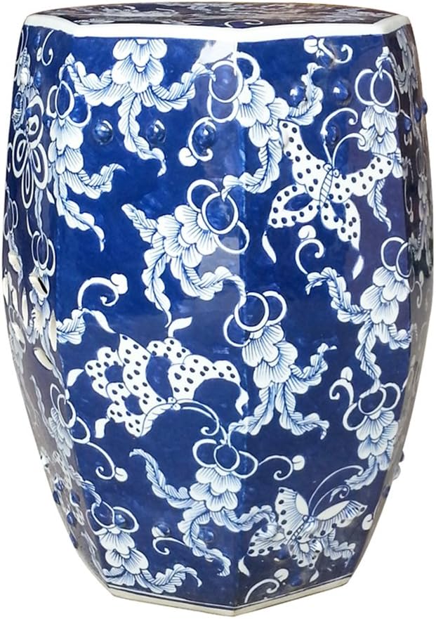 Asian Oriental Ceramic Blue & White Hexagonal Butterfly Garden Stool