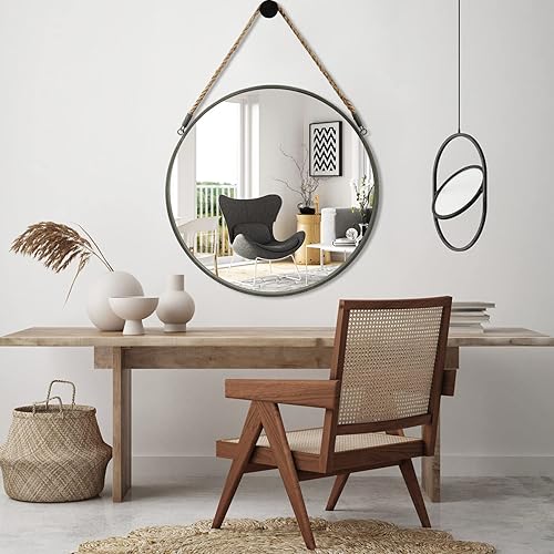 Miniatura 35 de POZINO Espejo redondo, espejo colgante de 24 pulgadas con cuerda, espejos de pared circular, marco negro, espejos de granja para baño, dormitorio
