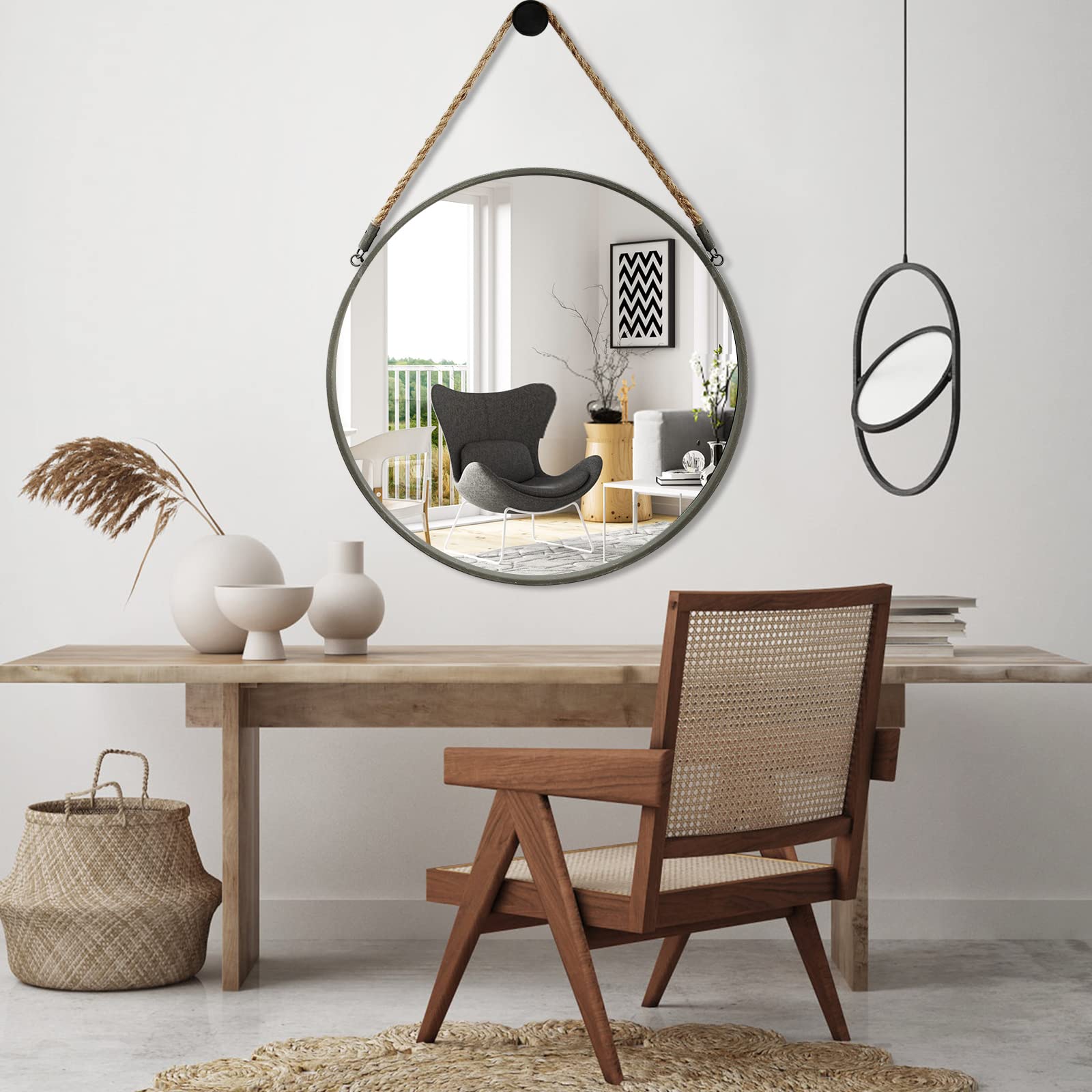 POZINO Round Rope Mirror, 24 Inch Circle Mirror, Hanging Farmhouse Mirror for Bathroom Bedroom Living Room Entryway Home Decor, Grey