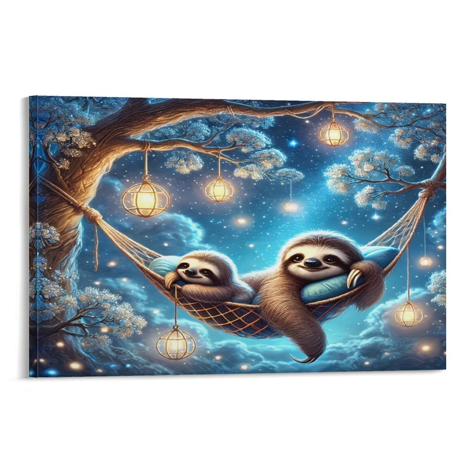 CPLVKWRQJ Sloths in Hammock Night Individual Two Sloths Relaxing Hammock Starry Night Woods Canvas Wall Decor - Nursery Wall Hanging Space Saving Removable Ready to Hang 12x18inch(30x45cm)