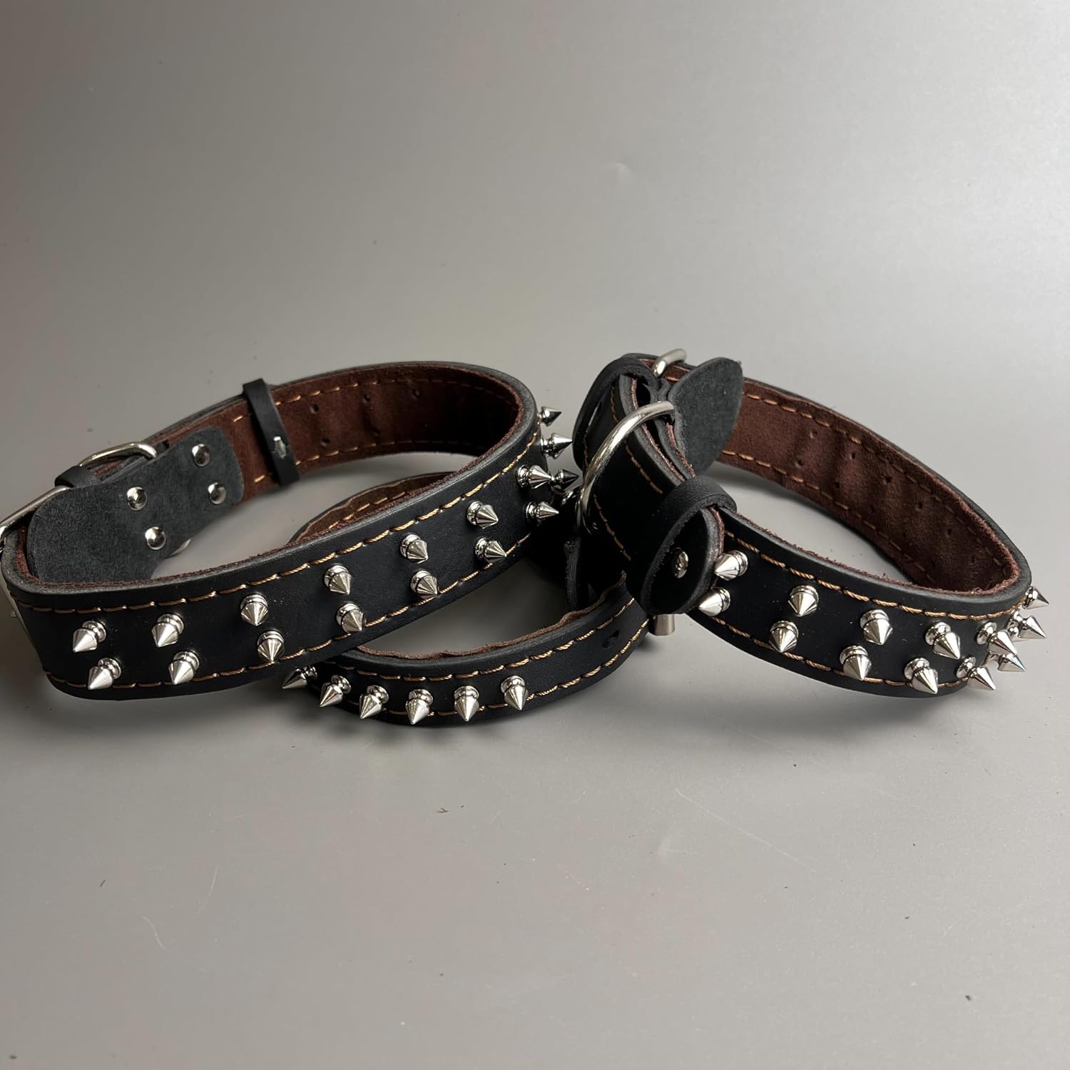 Leather Dog Collar with Spikes,Medium to Large Breed,4.0mm top-Grain Cowhide, Handmade, Heavy-Duty pet ​​Collar,Pit Bulls Labradors. (Black,S-Neck 16-20.8in)