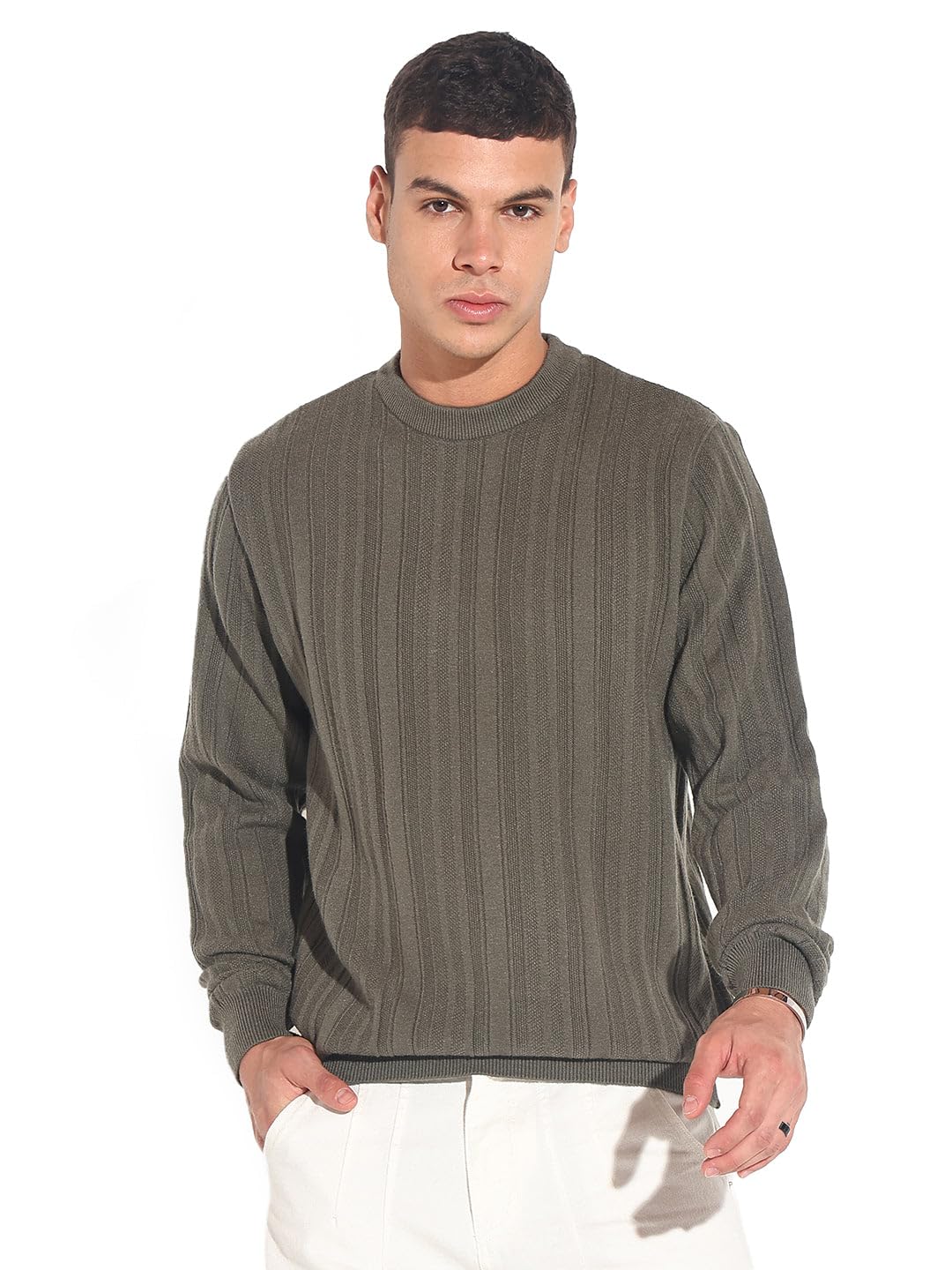 showoffff Edition Men's Olive Ribbed Round Neck Sweater-LBR-7662_Olive-picture-11