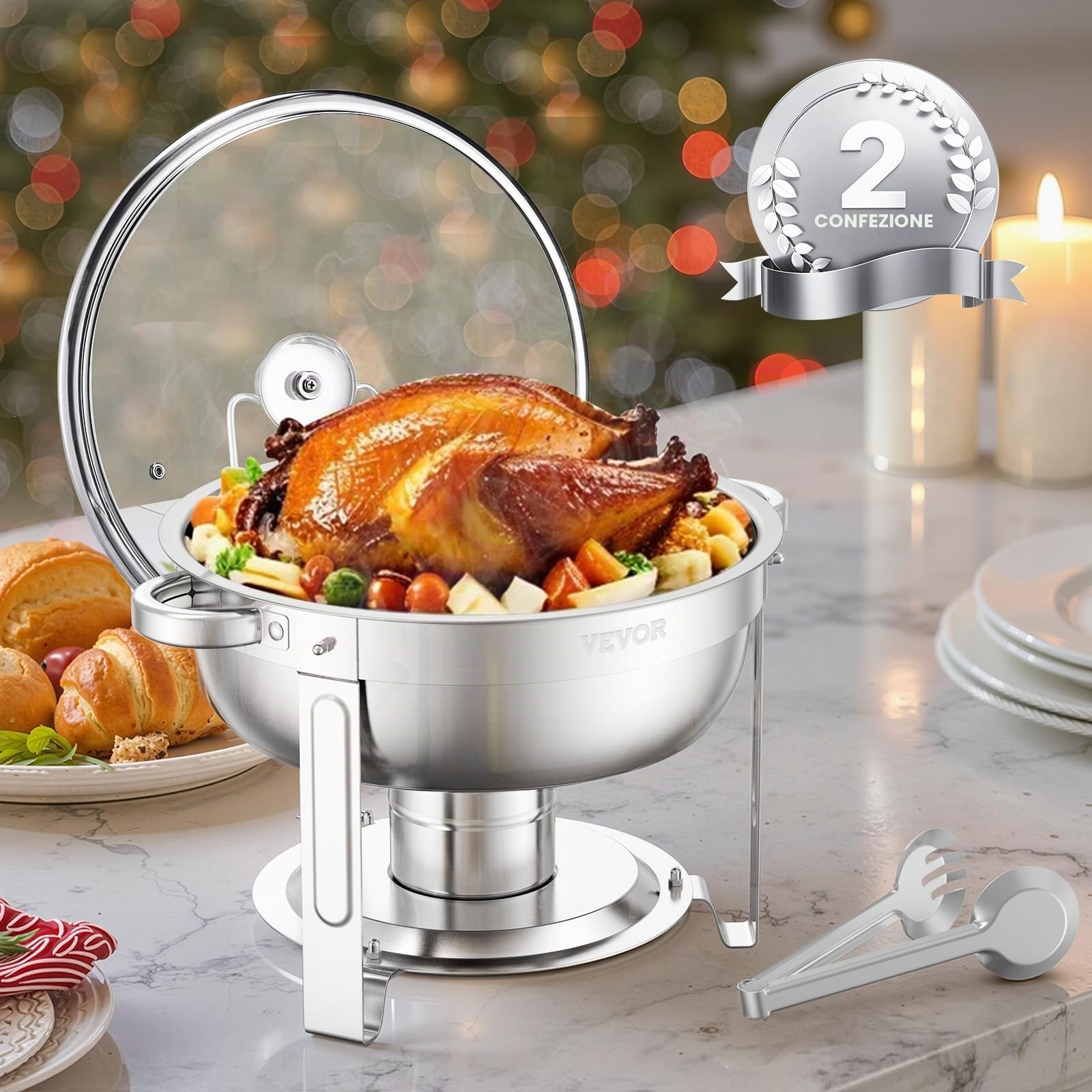 VEVOR Set Scaldavivande a Buffet 4,7 L in Acciaio Inox con 2 Padelle, Distributore Calore Rotondo con Coperchio in Vetro, Vaschetta per l'Acqua e Supporto, per Matrimoni, Feste a Buffet, Argento