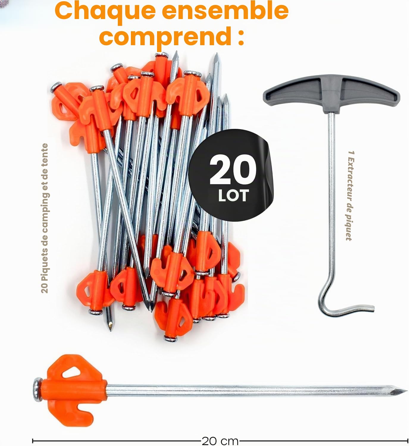 Piquet de Tente - Lot de 20 Piquets de Tente en Metal et Sardines Campingpour l'Exterieur - Sardine de Fixation Galvanises Orange pour Sol Dur, avec Extracteur de Piquets Inclus (20cm)