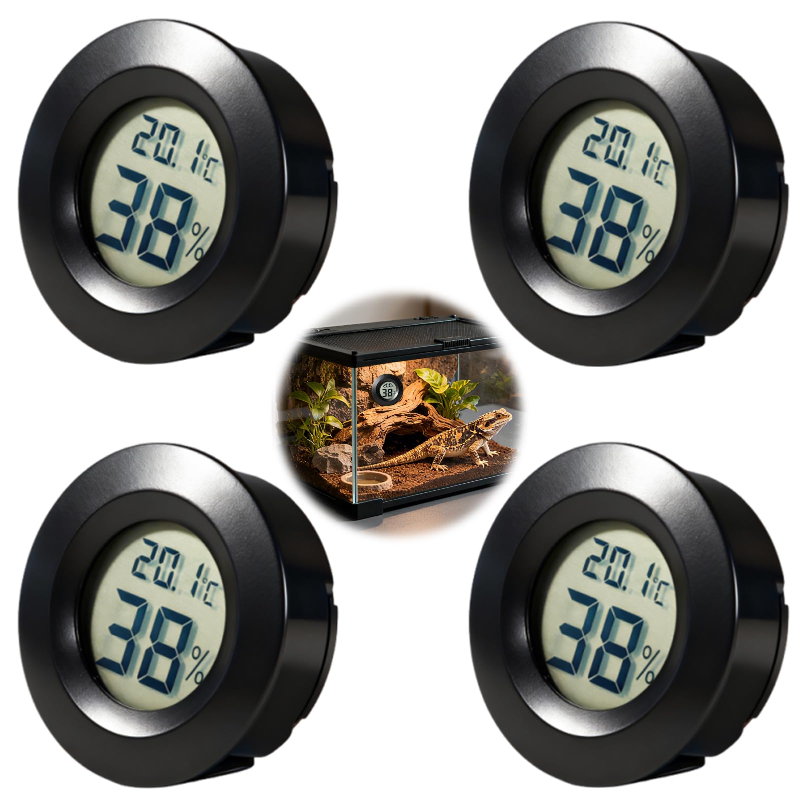 4 Pcs Reptile Thermometer Hygrometer Round Liquid Crystal Display Hygrometer, Humidity Sensor With Hydrometer Humidity Meter,Digital Temperature Hydrometer For Home Office Babyroom,Black