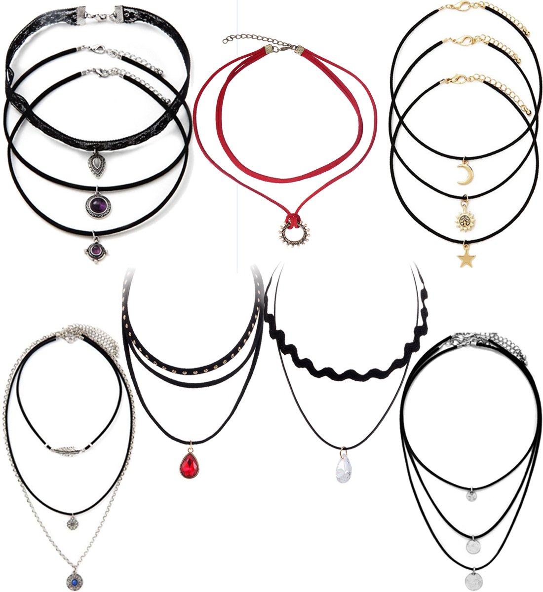 Tpocean 7pcs Multilayers Black Silver Red Velvet Choker Necklaces with Pendant Charms for Women Girls Plus Size Thick Choker for Party Wedding Jewelry