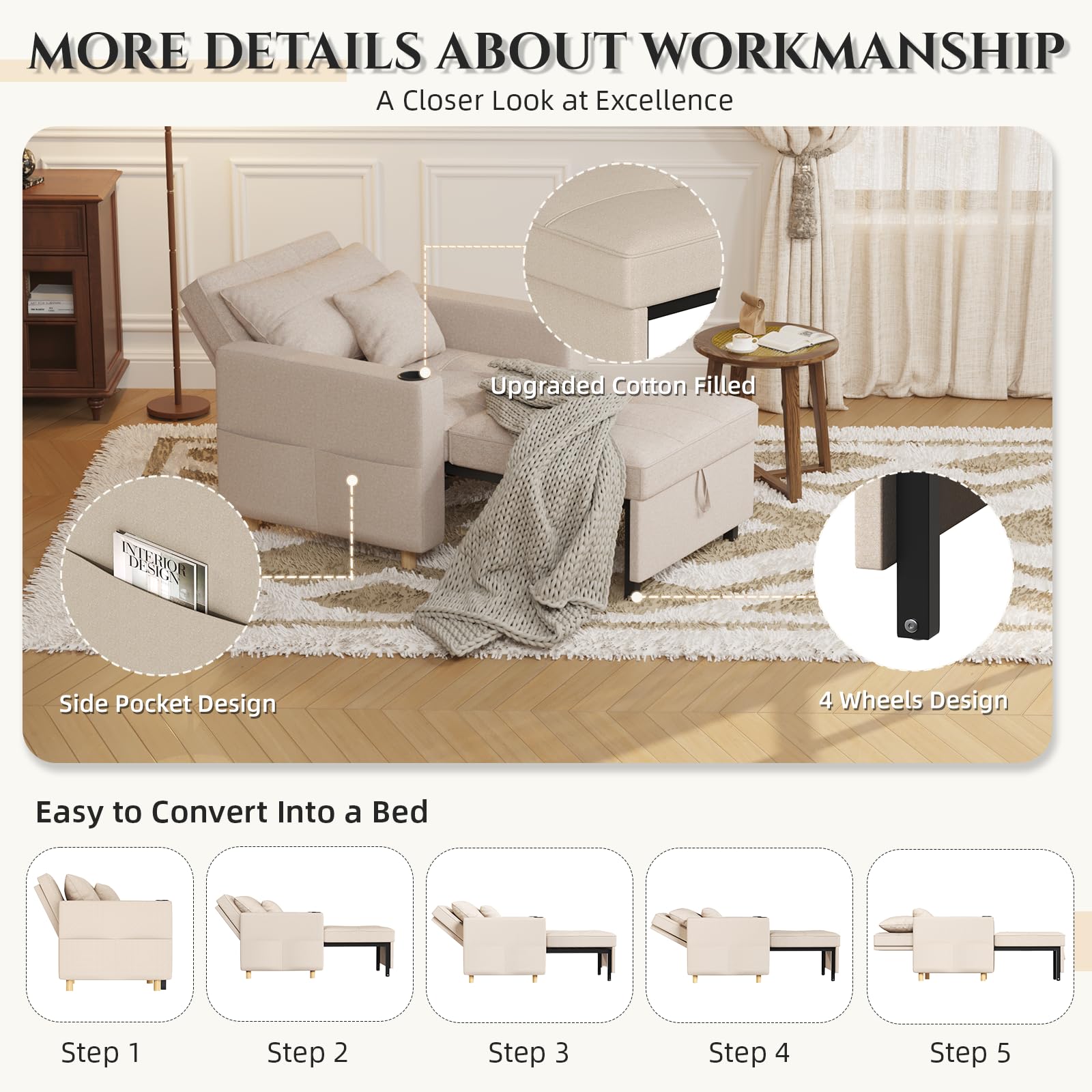 YODOLLA Schlafsofa, 93cm Extrabreit Schlafsessel mit Bettfunktion, Verstellbarer Rückenlehne, Getränkehalter, 3-in-1 Schlafcouch Einzelsessel mit Bettkasten&Schlaffunktion für Wohnzimmer, Beige