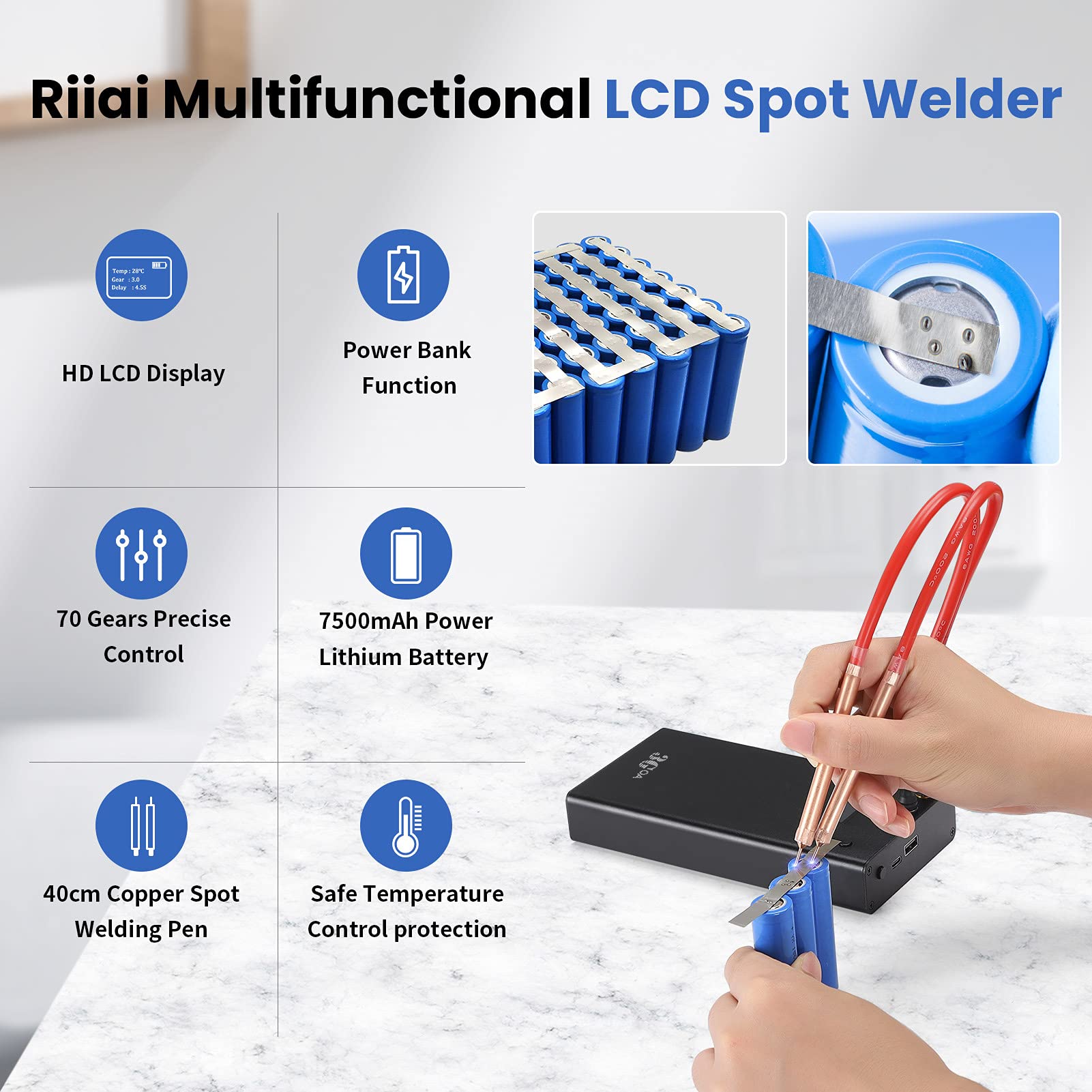 Upgraded Mini Spot Welder with LCD Screen, Riiai 70 Gears Adjustable