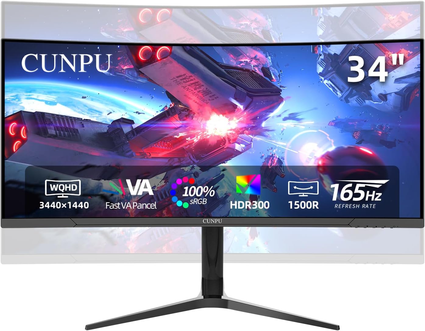 34 Inch UltraWide Curved Gaming Monitor, WQHD 3440x1440p 165Hz Monitor, HVA Panel, 1500R Curvature Monitor, sRGB 100%, HDR 300, FREESYNC, Height/Tilt/Swivel Adjustable Stand, HDMI/DisplayPort 34 inch QHD 165Hz