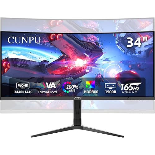 34 Inch UltraWide Curved Gaming Monitor, WQHD 3440x1440p 165Hz Monitor, HVA Panel, 1500R Curvature, sRGB 100%, HDR 300, FREESYNC, Height/Tilt/Swivel Adjustable Stand, HDMI/DisplayPort