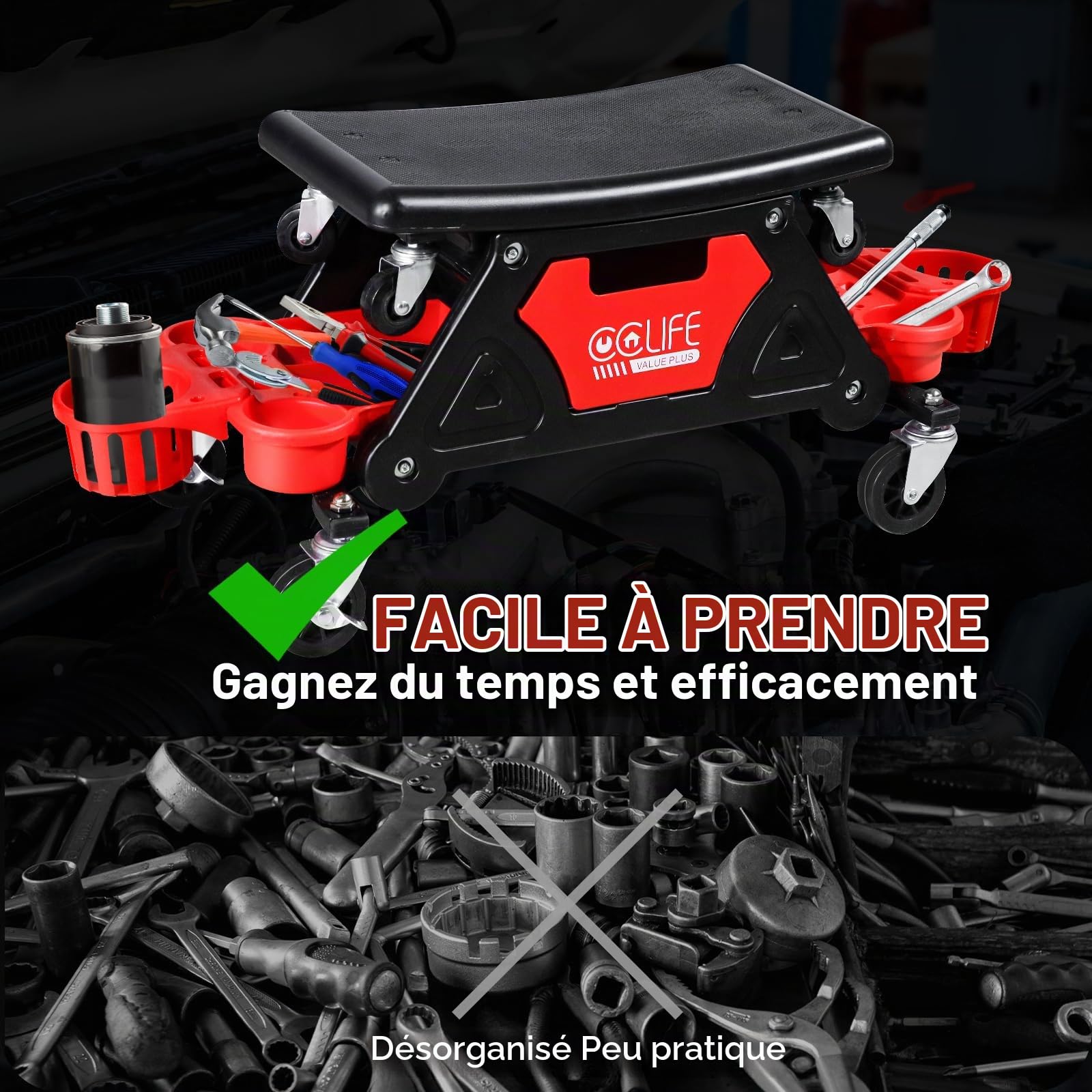 CCLIFE Tabouret D'atelier de Mécanicien 180kg Garage Siège Roulant Tabouret de Mécanicien avec roulettes Tabouret Roulant avec tiroirs Siège Utilisable Séparément
