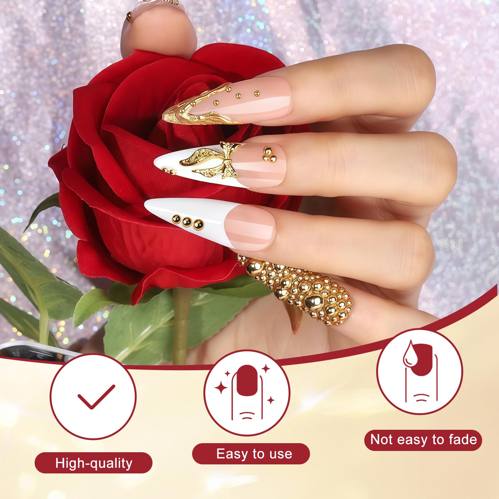 Lilbitty Gold Paznokci Charms & Nail Gems Set, 4 pudełka z perłami do paznokci i kamieniami, 3D Krzyż Serce Charms, Akcesoria do zdobienia paznokci z pęsetą i kredką do wosku