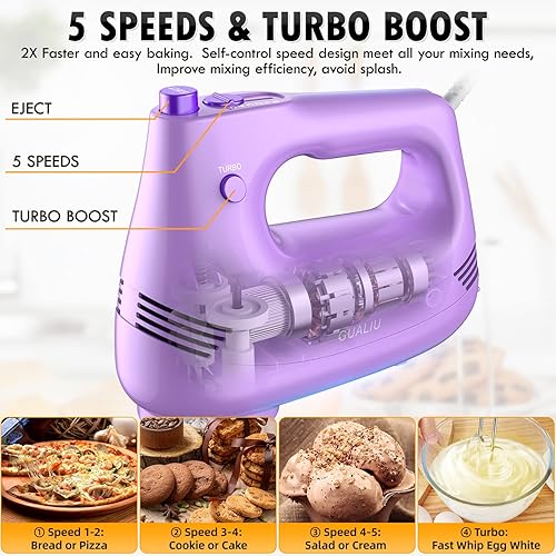 Miniatura 4 de Batidora de mano eléctrica con batidor de acero inoxidable, accesorio de gancho para masa y bolsa de almacenamiento, batidora manual para hornear