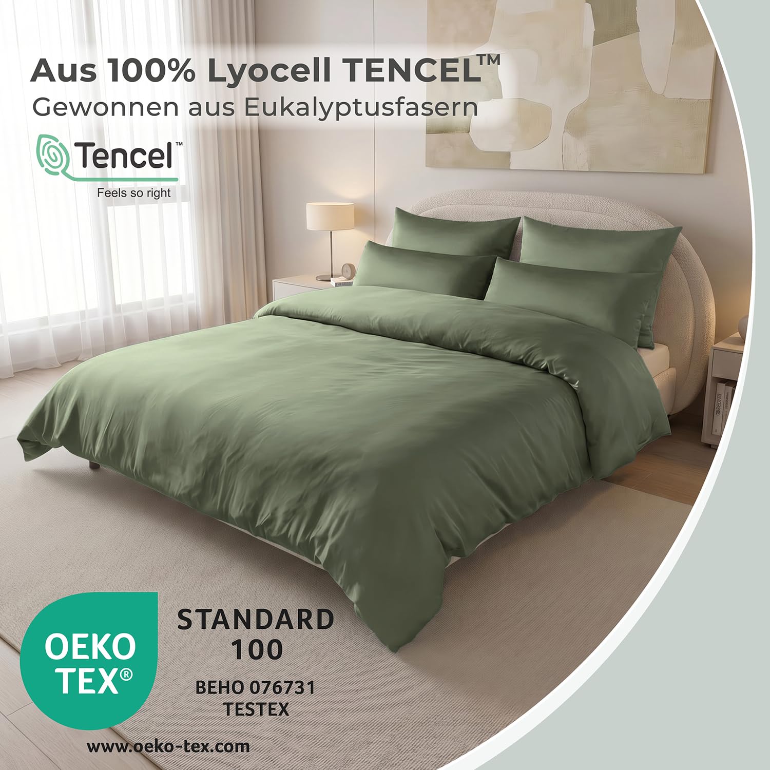 LAYNENBURG Pościel premium Lyocell 135 x 200 + poszewki na poduszki 80 x 80 cm – 100% lyocell Tencel z m.in. eukaliptusa – Öko-Tex 100 – chłodząca pościel letnia z zamkiem błyskawicznym (ciemnozielona