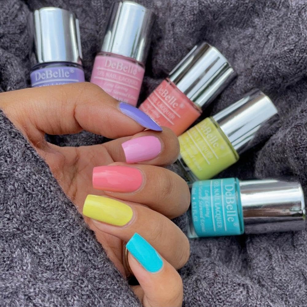 DeBelle Gel Nail Polish Combo of 5 Candy Skittles - Blueberry Crepe(Lavender),Cherry Macaron (Powder Pink), De Carnation (Blush Pink Nail Paint), Lemon Tart (Lemon Yellow), Peppermint Pudding (Mint Green) 40ml (8ml Each)