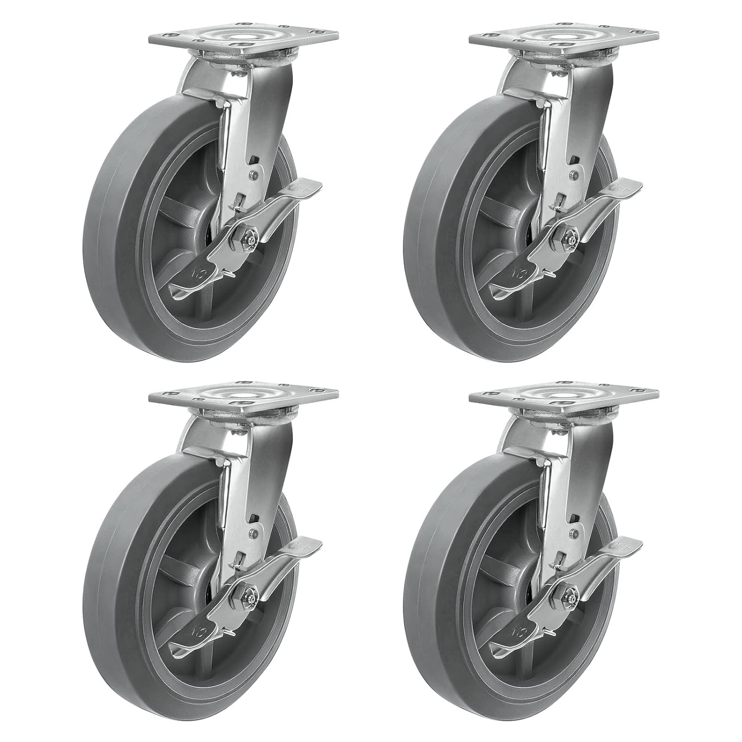 8x2 Heavy Duty Caster -Industrial Caster, Rubber （Flat Tread）- Set of 4 with up to 2800 LB Capacity - Use for Dollies, Workbench (8 Inch, 4 Brake)