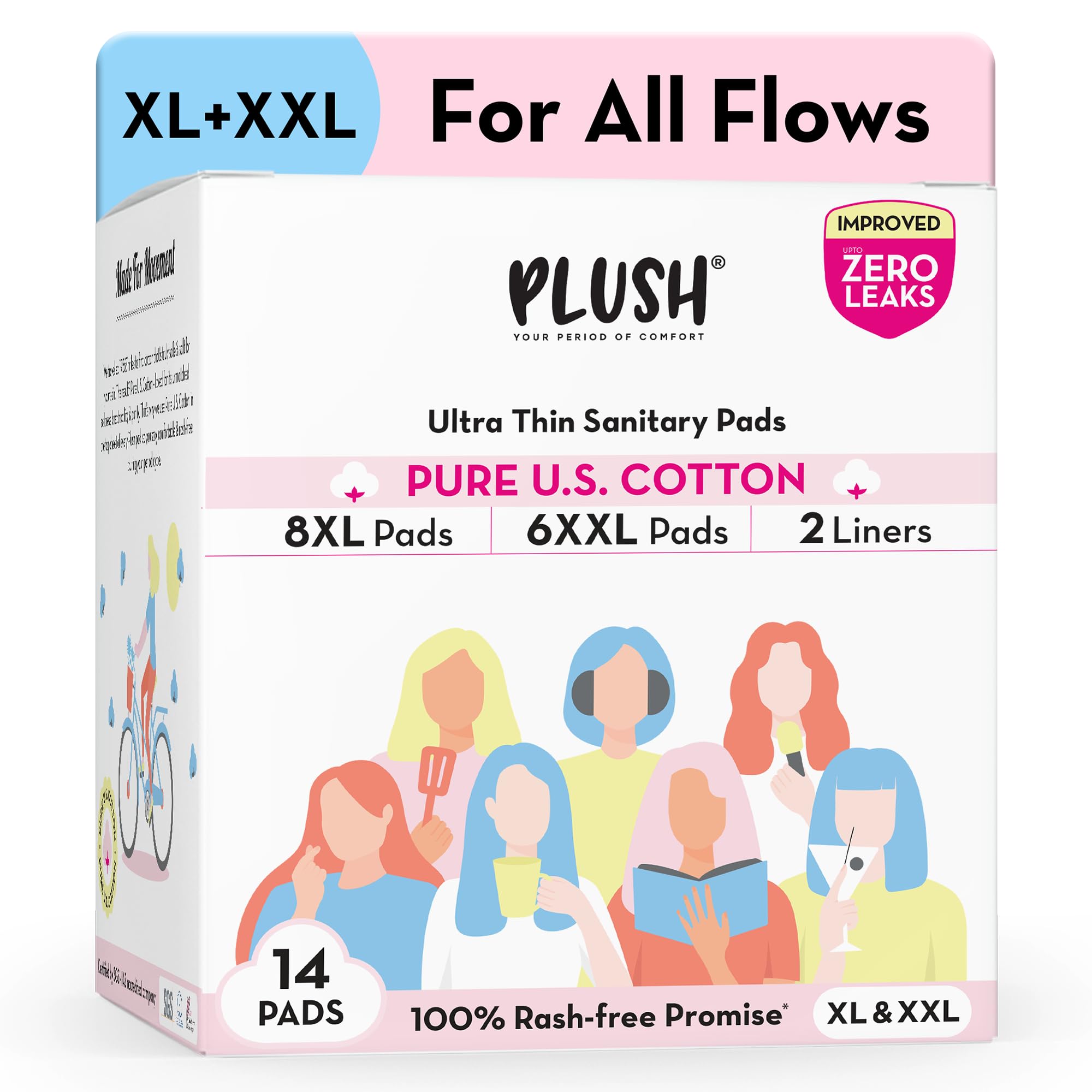 Plush 100% Pure US Cotton Ultra-Thin Rash Free Natural Sanitary Pads for Women | Vegan & Paraben Free | For Normal-Sensitive Skin (Large + XL, 14)-image-22