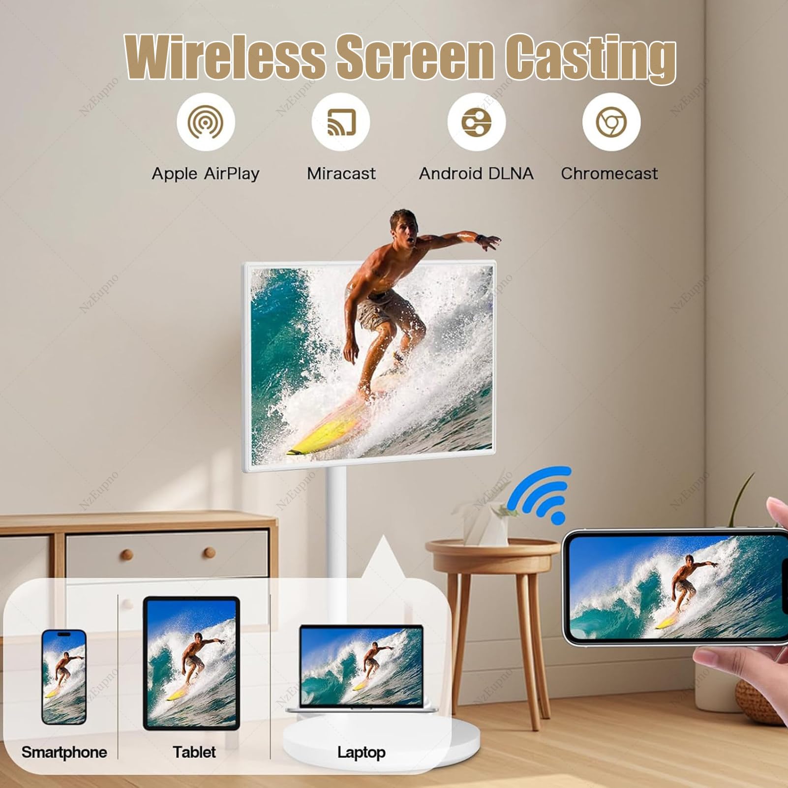 TéLéViseur Portable Intelligent avec TéLéCommande, Support TV Mobile | éCran Tactile sur Pied | TéLéViseur sans Fil sur roulettes | Batterie IntéGréE, Rotation ComplèTe White-4+64G