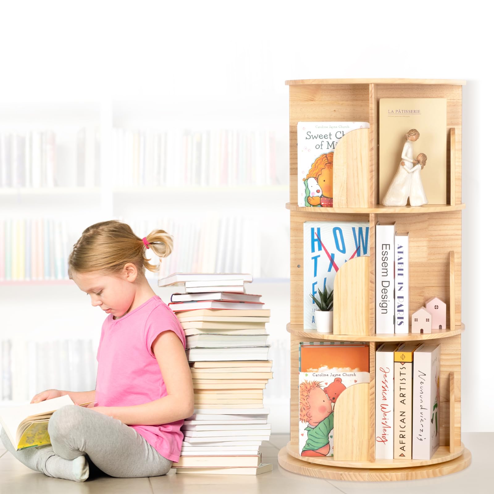 OOOK Drehbares Bücherregal Kinder aus Massivholz, 360 Grad 3-stöckiges Bücherregal Kinderzimmer für Kinder und Erwachsene, Multifunktionales Kinderbücherregal Holz für Kinderspielzimmer