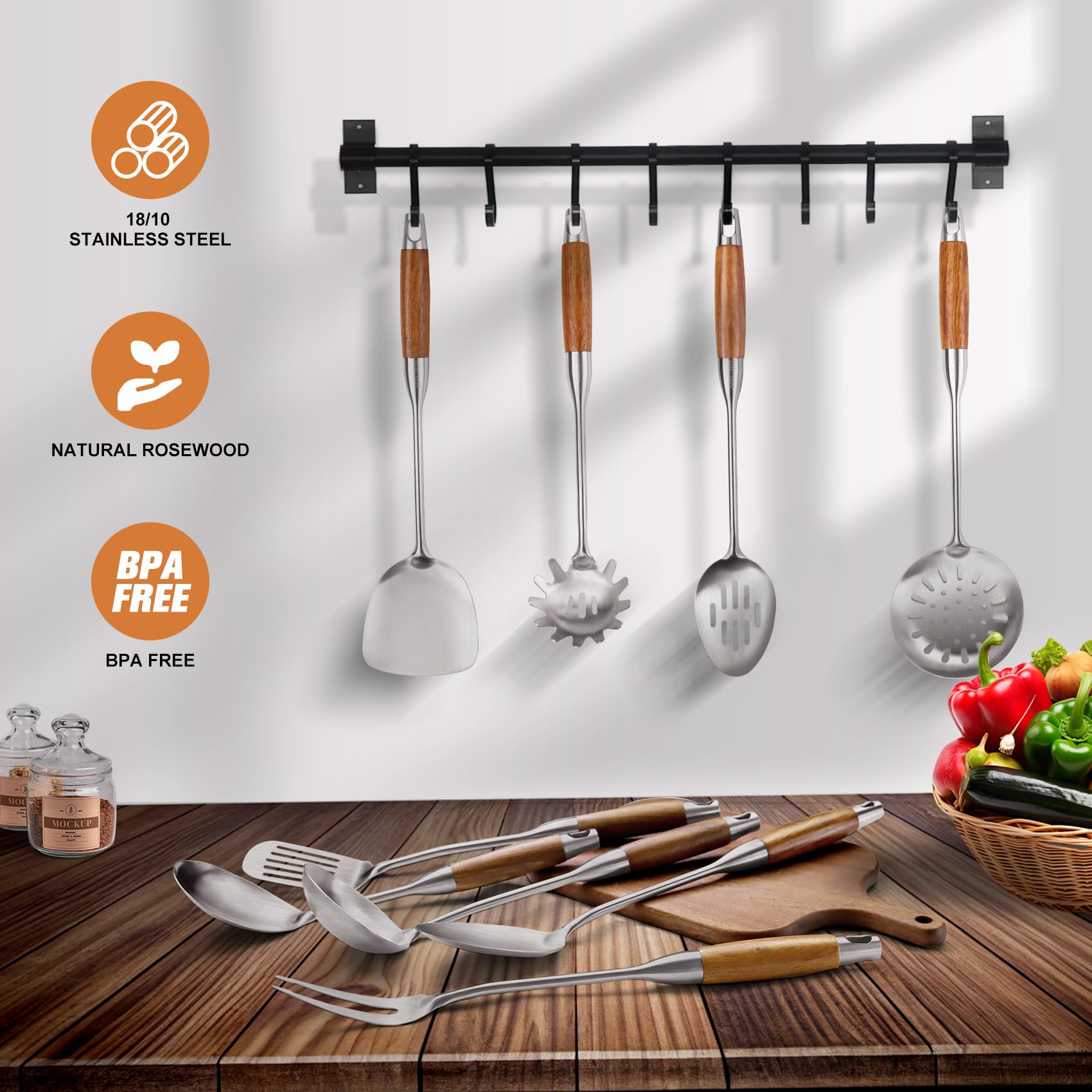 Set di utensili da cucina in acciaio inox 304 con manico in legno, set di utensili da cucina in metallo, spatola wok da cucina in acciaio inox