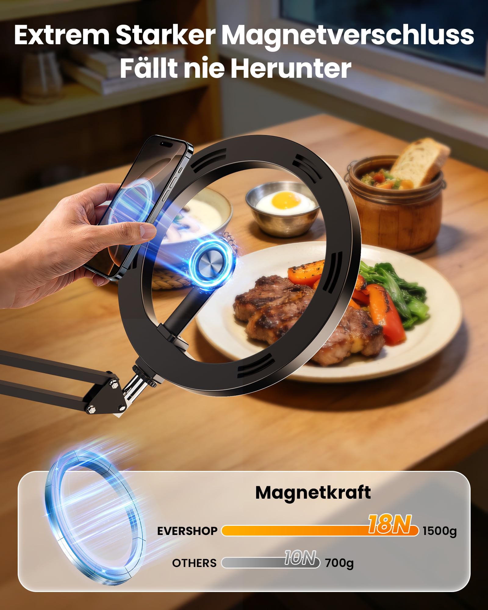Evershop Supporto magnetico per cellulare con luce ad anello per cucina e alimenti – Luce ad anello con treppiede per tavolo
