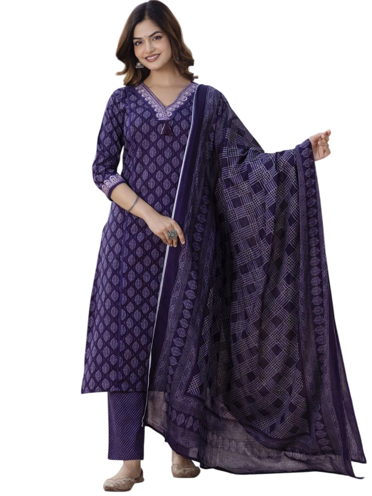 parthvi |Women's Pure Cotton Printed With Handwork Kurta with Pants and Dupatta Set | Ethnic Set | Suit Set | Kurta Set | Wedding Suit Set (P-1085-Wine-3XL)-picture-17