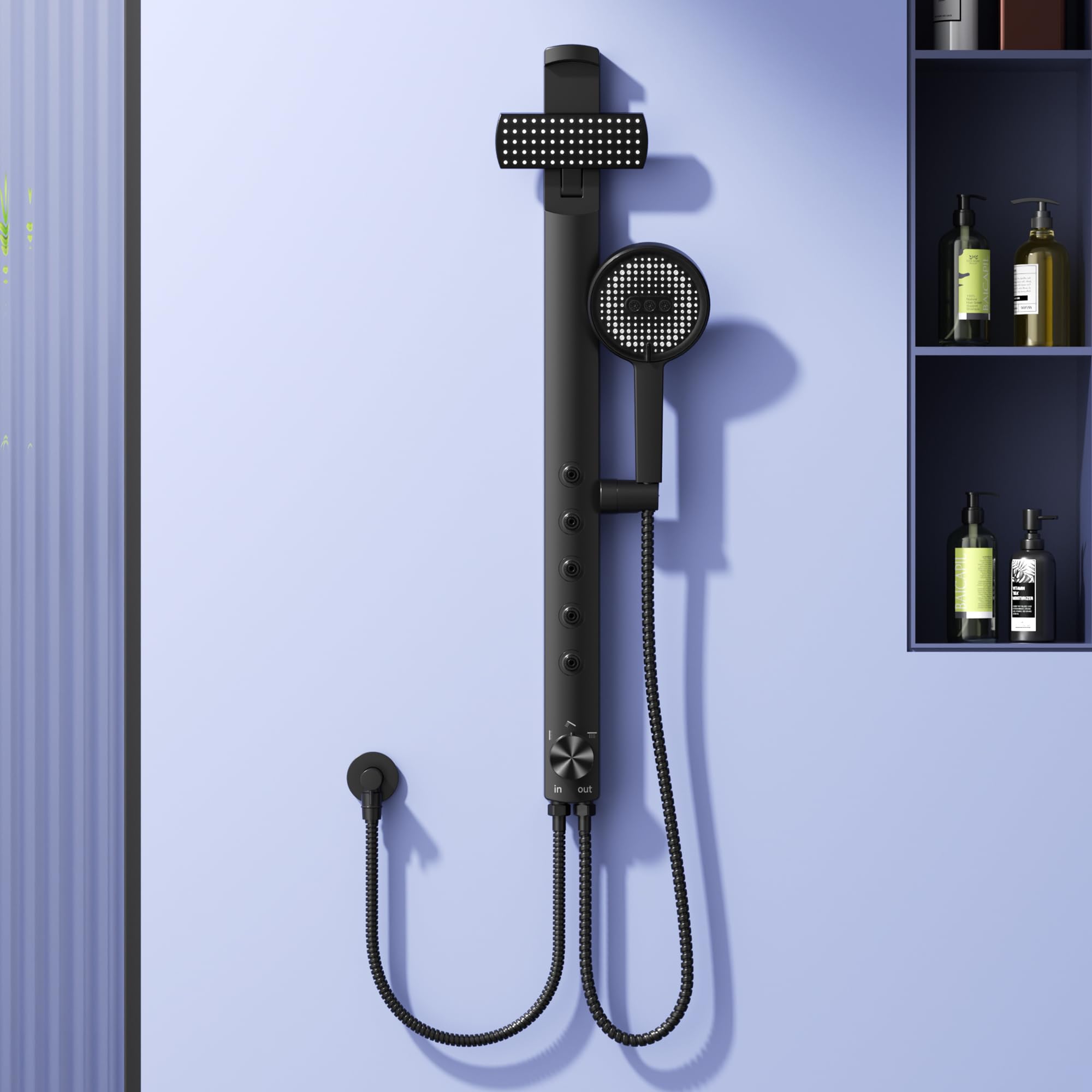 Rainsworth Regendusche ohne Armatur, Höhenverstellbares Duschset, Schwarz | Duschsystem mit 3 Strahl Handbrause, Schlauch & Halterung, 40cm Verstellbare Duschstange für Komfortable Badezimmer Duschen