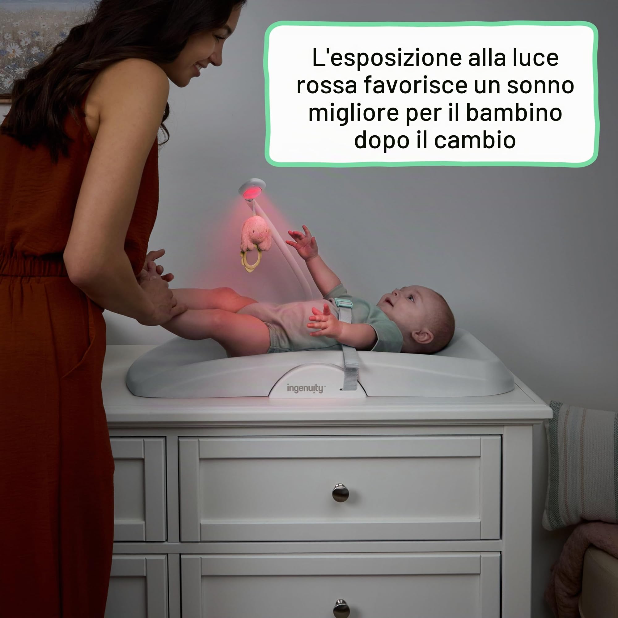 Ingenuity Day & Night Sylvi Fasciatoio con Luce Notturna Rosso, Superficie Facile da Pulire, 0+ Mesi