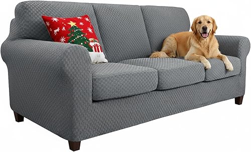 YEMYHOM  Juego de 4 fundas a cuadros para sofá de 3 cojines extragrandes, gruesas y elásticas, protegen de perros y mascotas, para muebles (gris