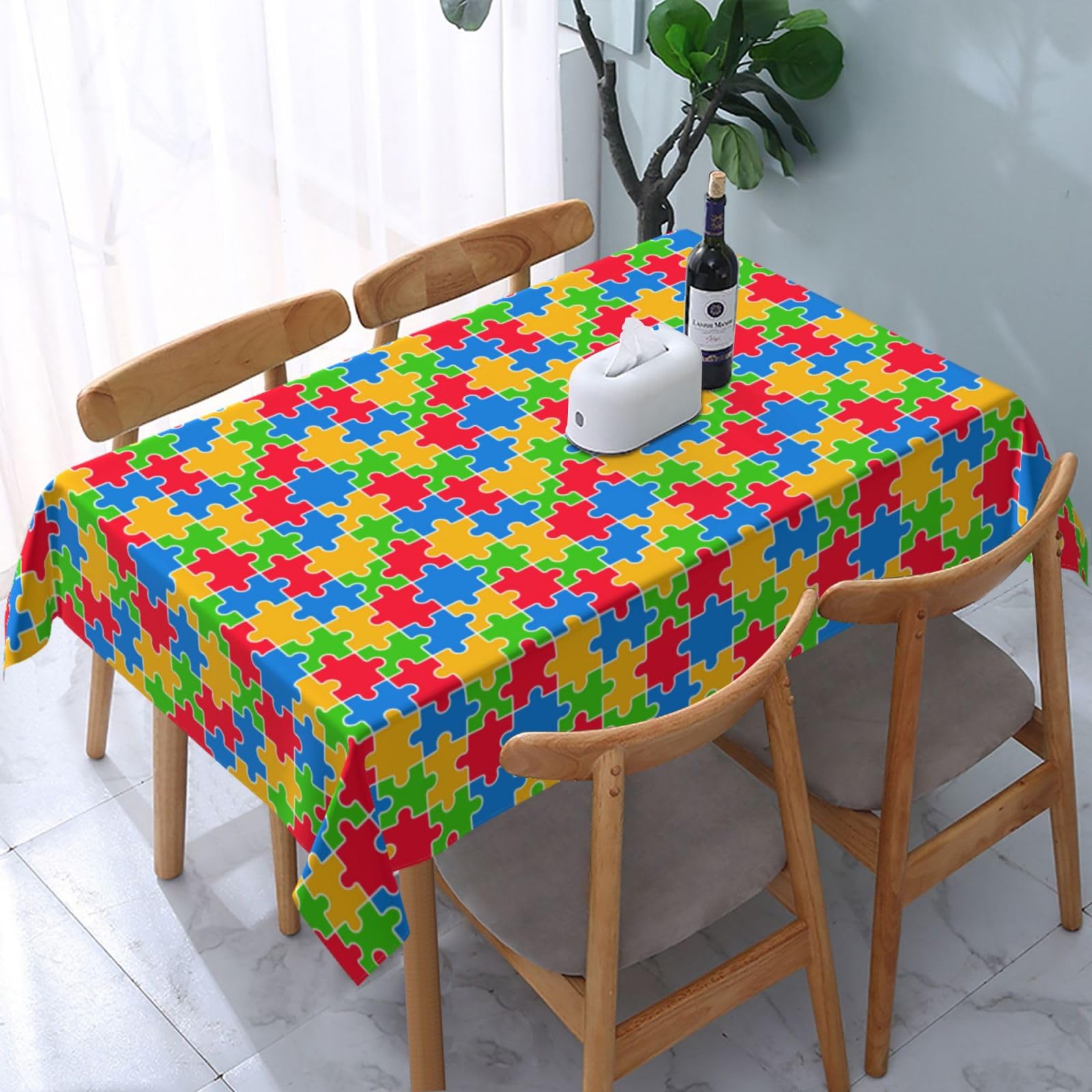 JunHeArt Autism Awareness Month Tablecloth Rectangle Table Cover Washable Table Cloths Decor For Kitchen 54" X 72"