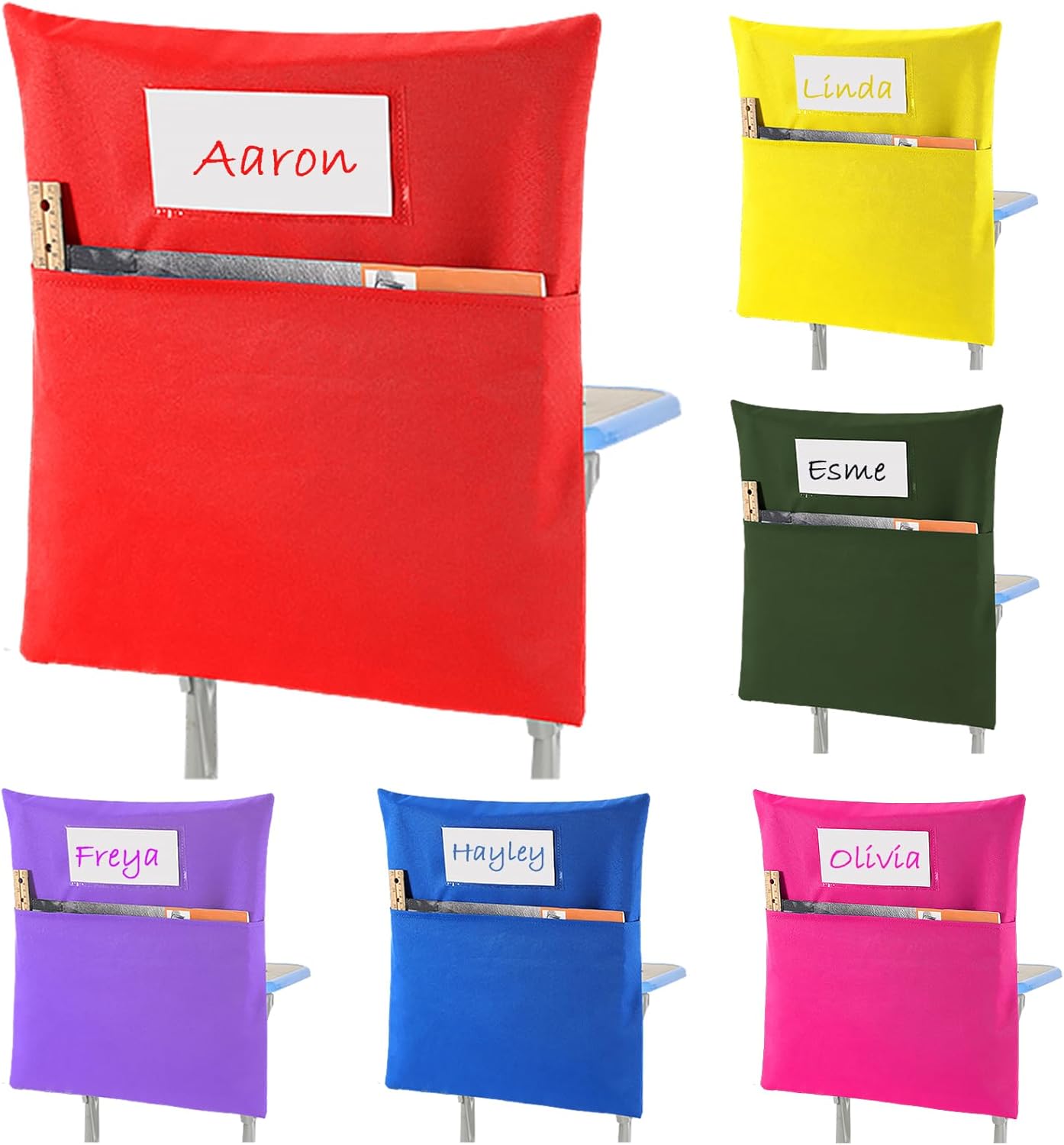 Sanwuta 48 Pack Classroom Chair Pockets - Student Chair Pockets Bulk with Name Tag for Kindergarten Classroom or Home School Seating Storage Supplies(19 x 17 Inch,Multicolor) 19 x 17 Inch Multicolor