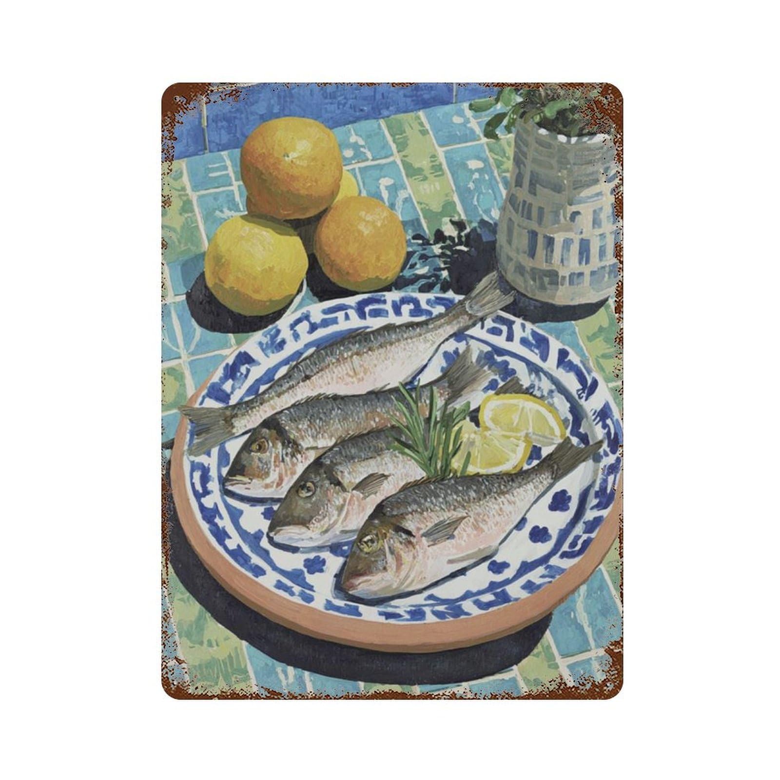 xiaoxiaoshen Mediterranean Fish And Lemons Kitchen Coastal Still Life Blue Tile Food Wall Decor Art Metal Tin Poster Modern Home Decor Art Home Bar Shop Decorations Vintage Sign 40x30cm