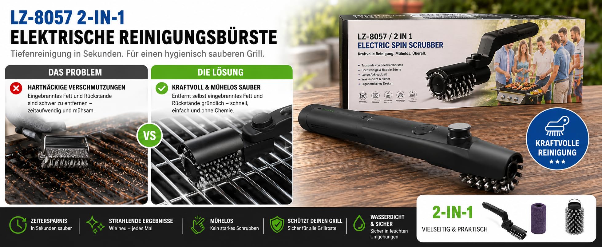 BBQBRUSH Spazzola Elettrica Rotante per Barbecue, Setole in Acciaio Inox, per Griglie e Piastre, con Angolo Regolabile e Testine a Cambio Rapido